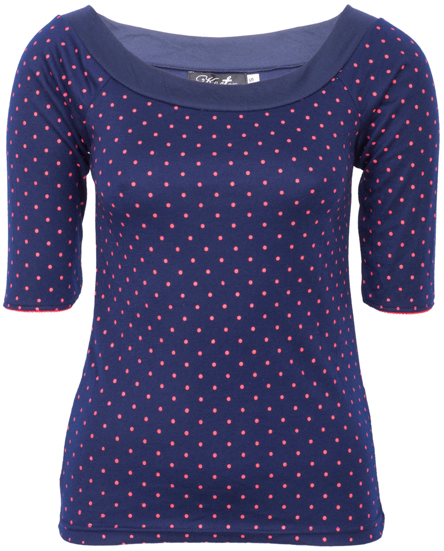 Kuestenluder_CLYDE_Vintage_Polka_Dots_Punkte_50s_Carmen_dreiviertel_Arm_SHIRT_killer_kirsche