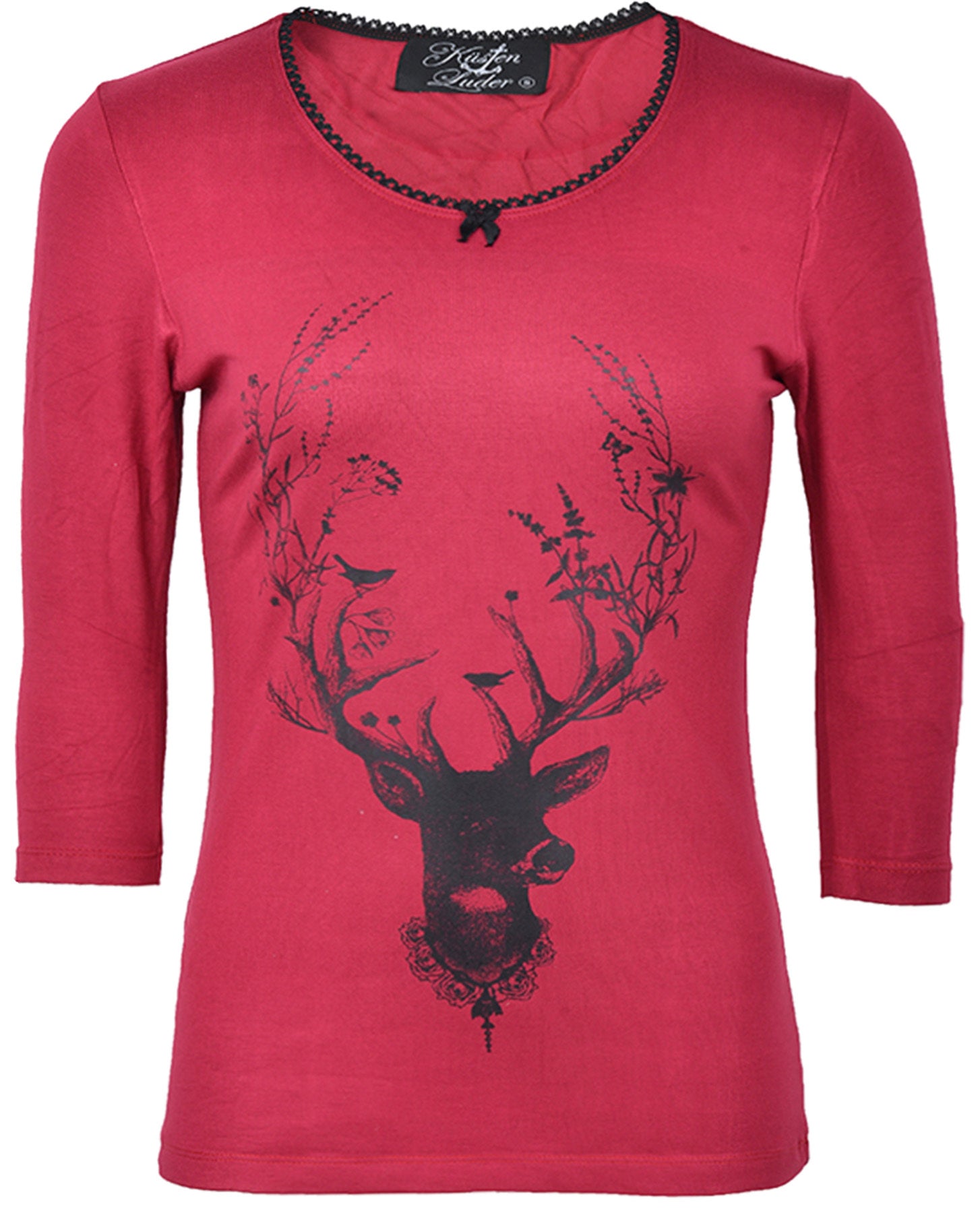 Kuestenluder_DEER_ANTLERS_Vintage_dreiviertel_Arm_Hirsch_SHIRT_-_Rot_killer_kirsche