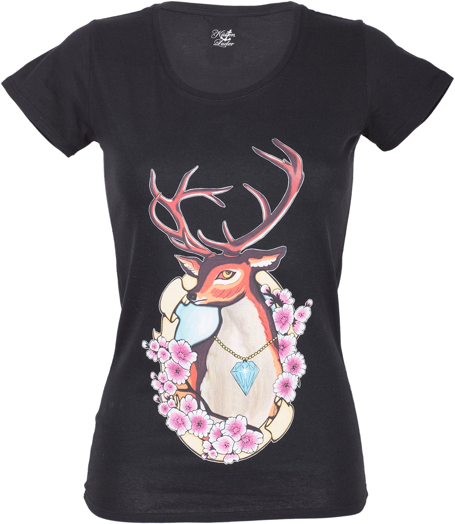 Kuestenluder_DEER_Hirschkopf_Cherry_Blossom_Diamond_Motiv_SHIRT_killer_kirsche