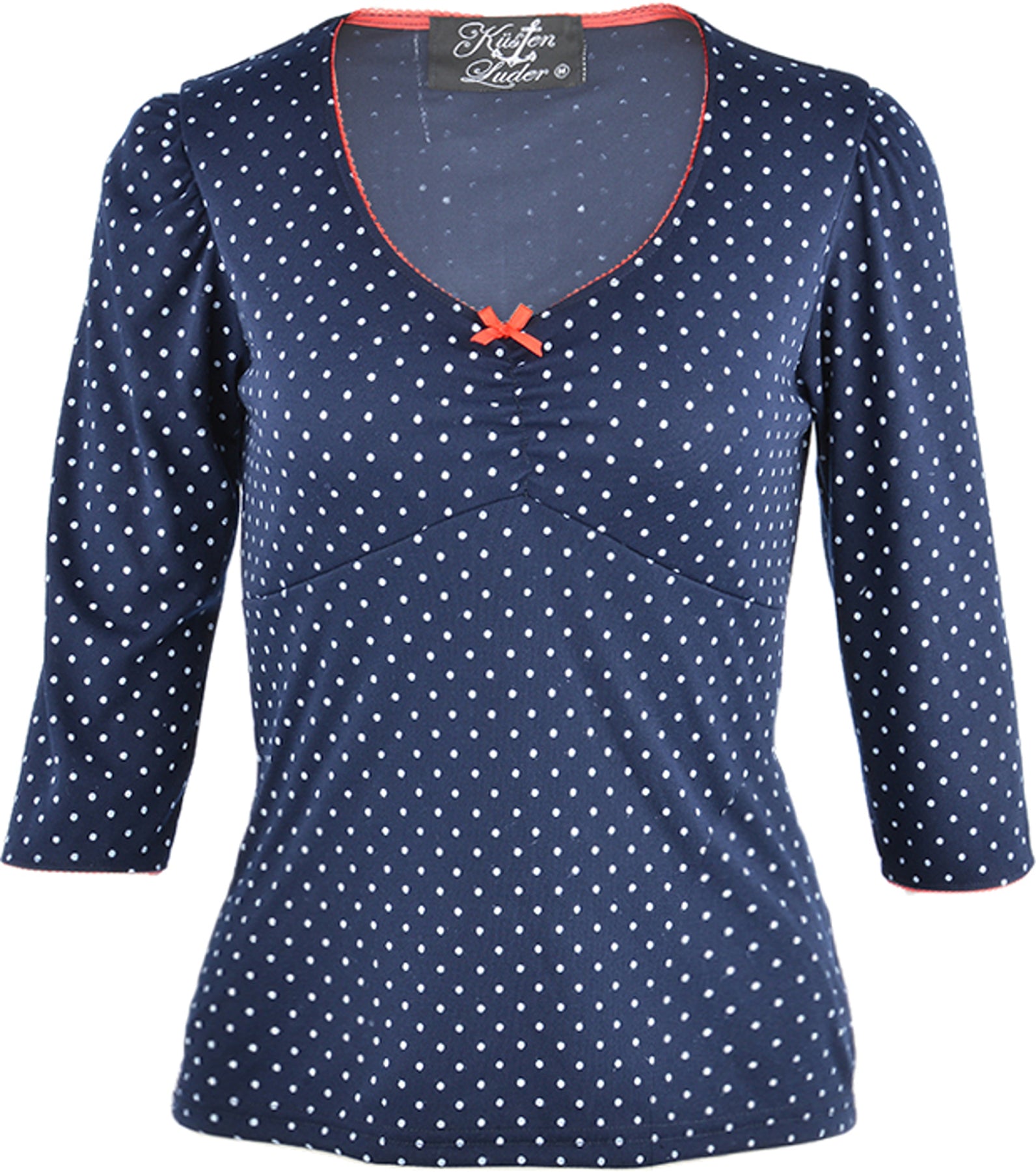Kuestenluder_ELIZA_Retro_POLKA_DOTS_50s_Punkte_V-Neck_SHIRT_-_Blau_killer_kirsche