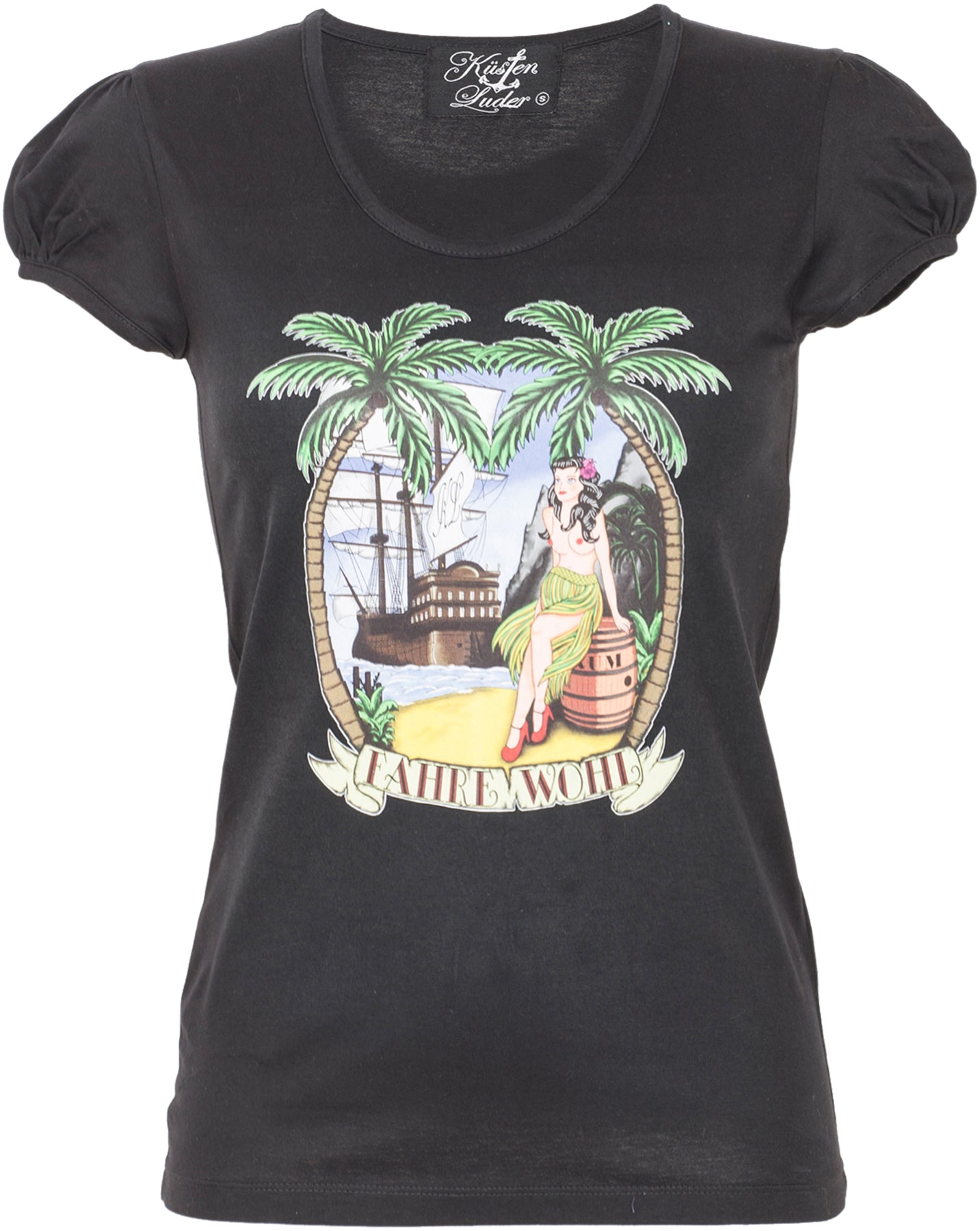 Kuestenluder_FAHRE_WOHL_Sailor_SCHIFF_Ship_Hawaiian_Pin_Up_SHIRT_-_Schwarz_killer_kirsche