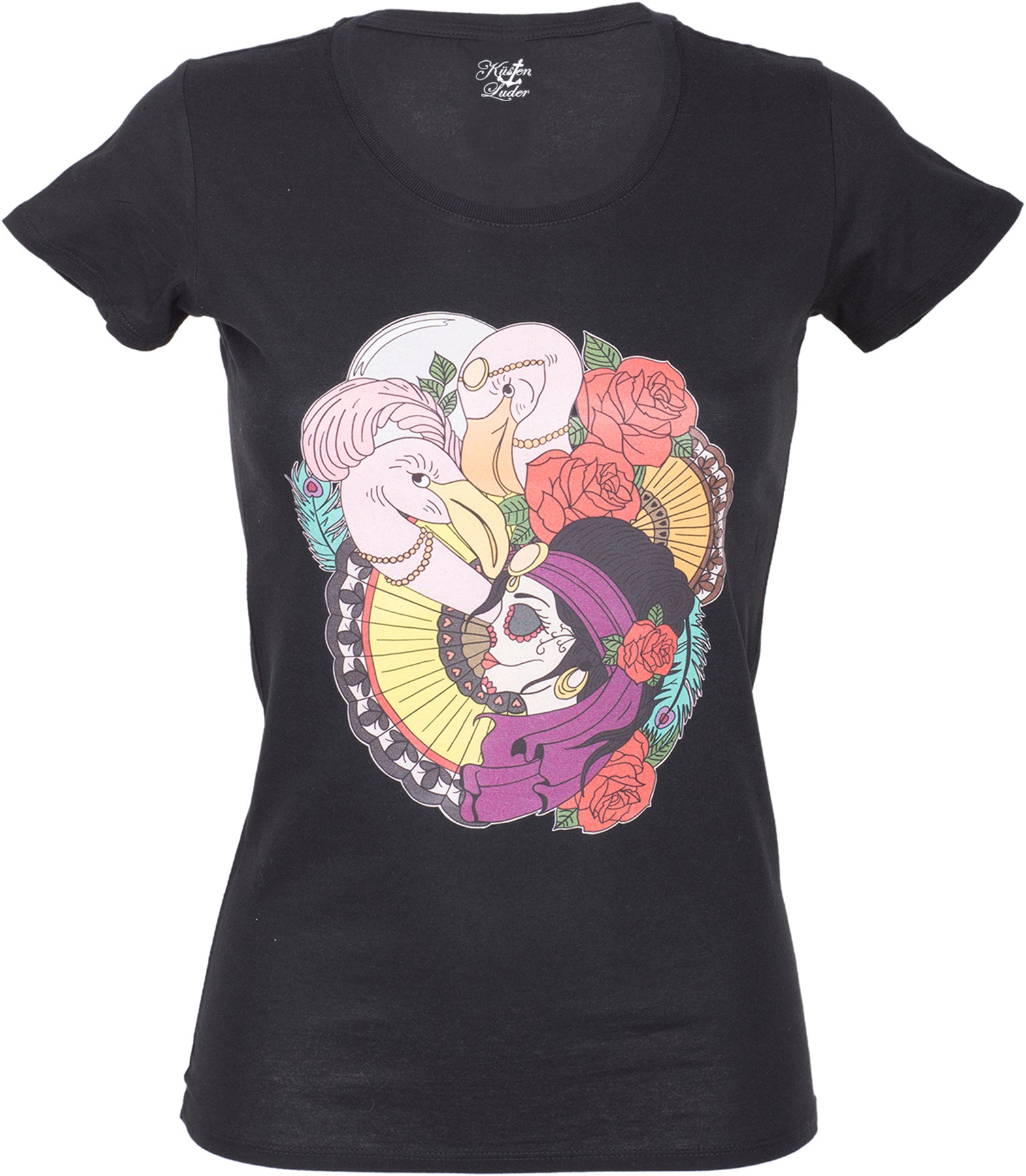 Kuestenluder_FLAMINGO_GIPSY_FaeCHER_Peacock_Feather_Motiv_SHIRT_-_Schwarz_killer_kirsche