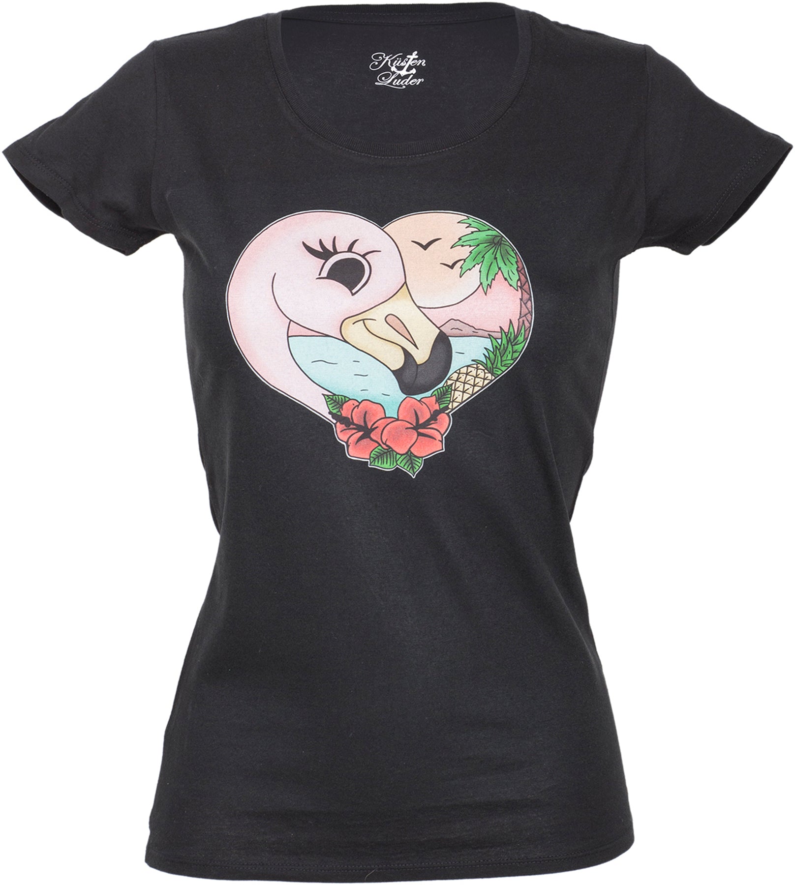 Kuestenluder_FLAMINGO_Hibiscus_Heart_Vintage_Tropical_Motiv_SHIRT_killer_kirsche