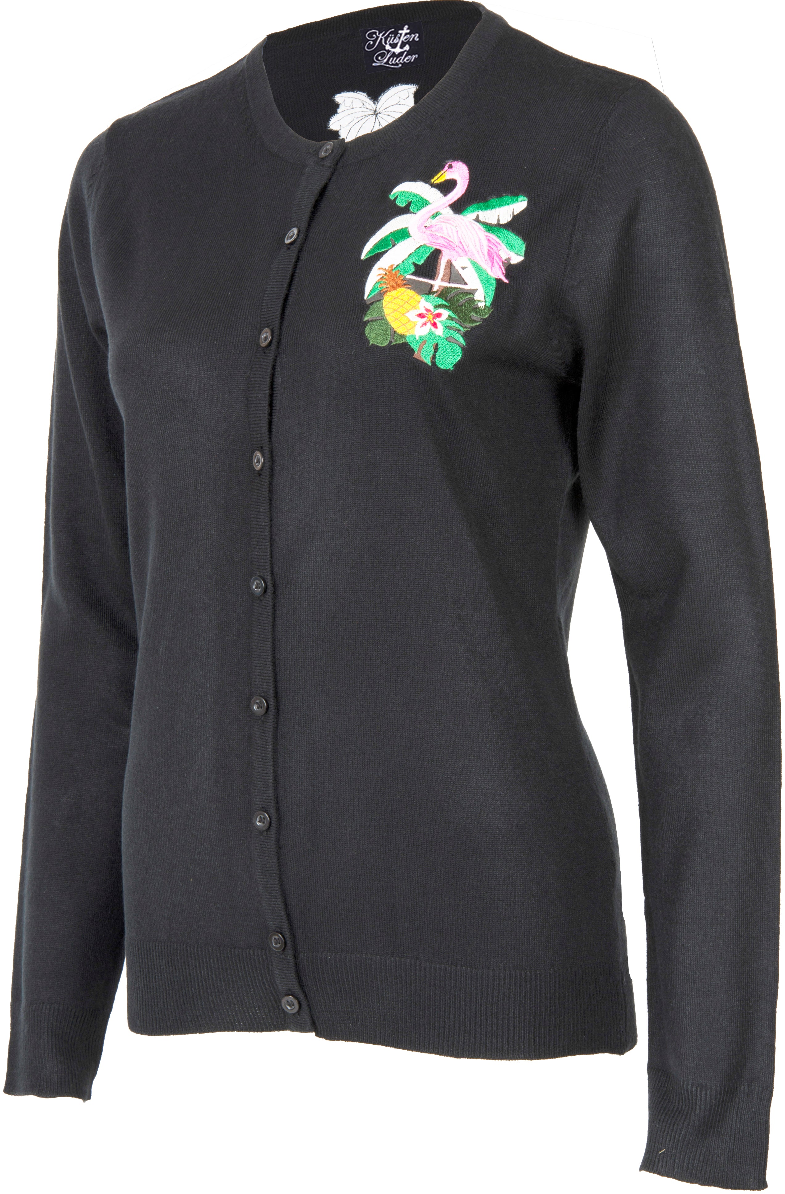 Kuestenluder_FLAMINGO_Palmen_Ananas_CARDIGAN_Langarm_STRICKJACKE-2