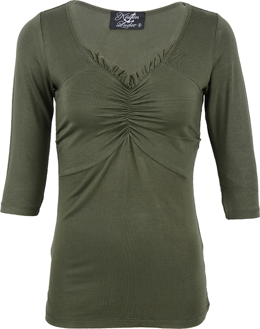 Kuestenluder_GWYN_Vintage_RUFFLE_V-Neck_50s_Retro_Shirt_-_Kaki