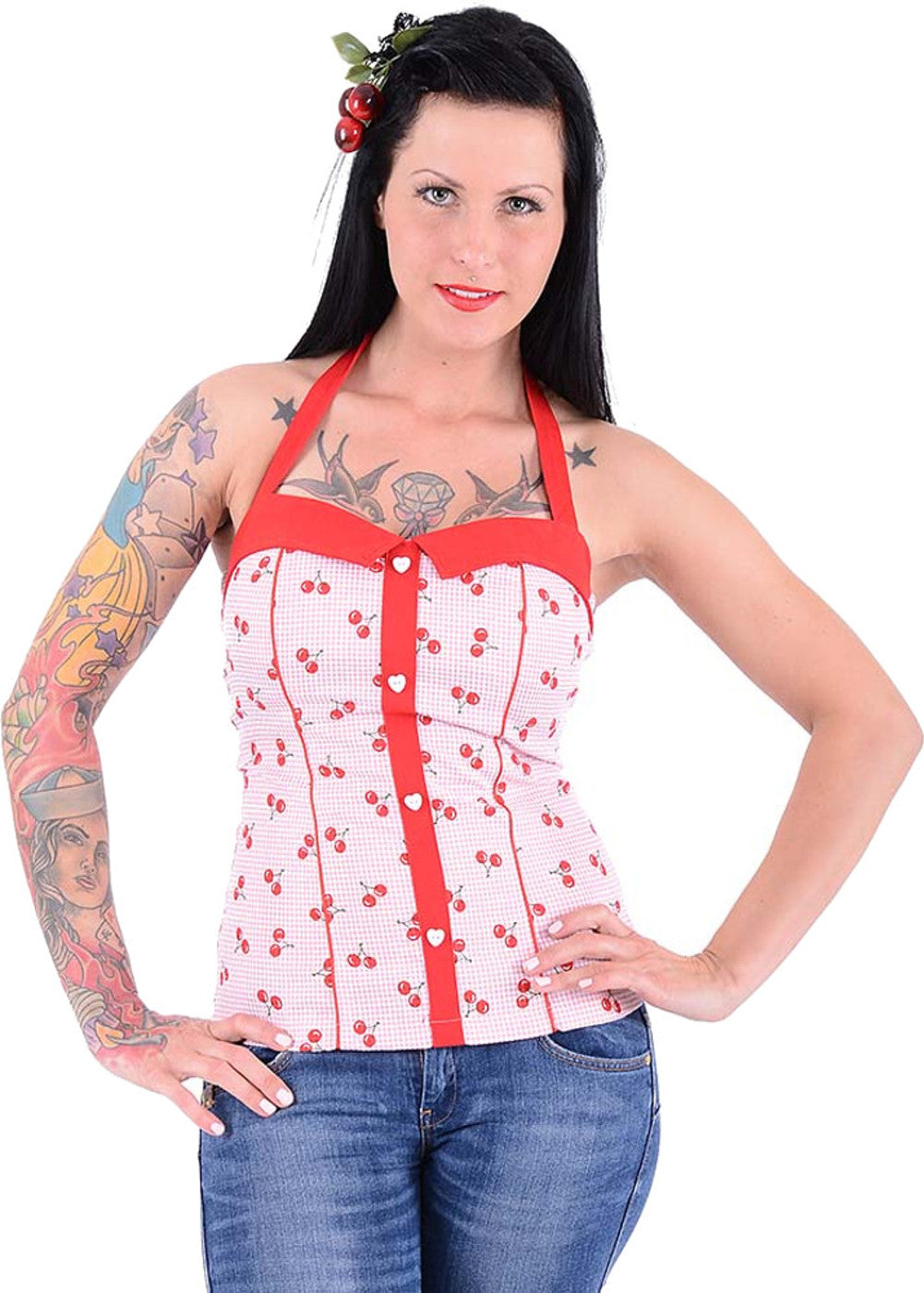 Kuestenluder_INGA_Scot_GINGHAM_CHERRY_Kirschen_Pin_Up_TOP_-_Rot