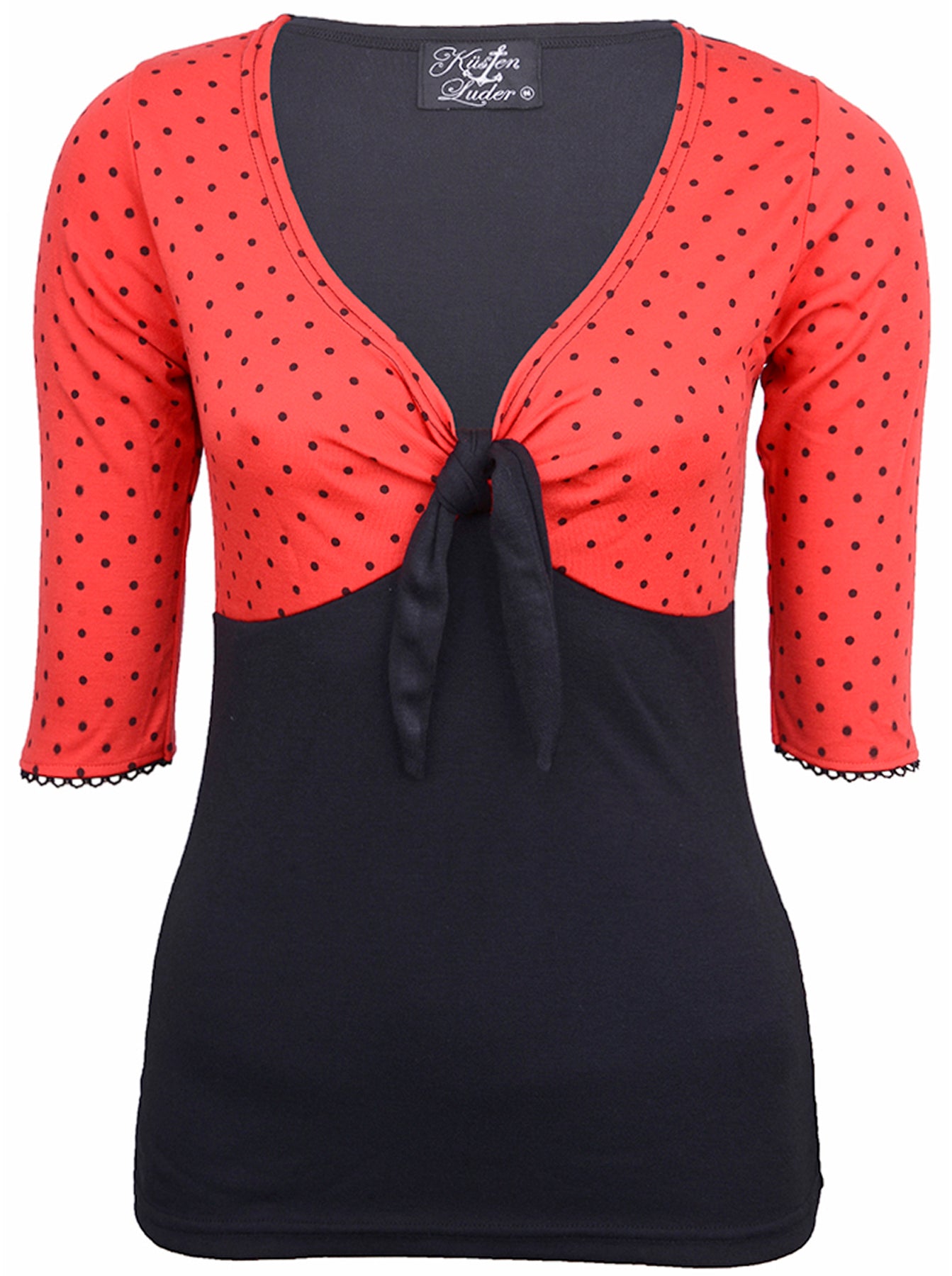 Kuestenluder_JESSIA_50s_POLKA_DOTS_Knot_V-Neck_Punkte_dreiviertel_Arm_SHIRT_-_Rot_killer_kirsche