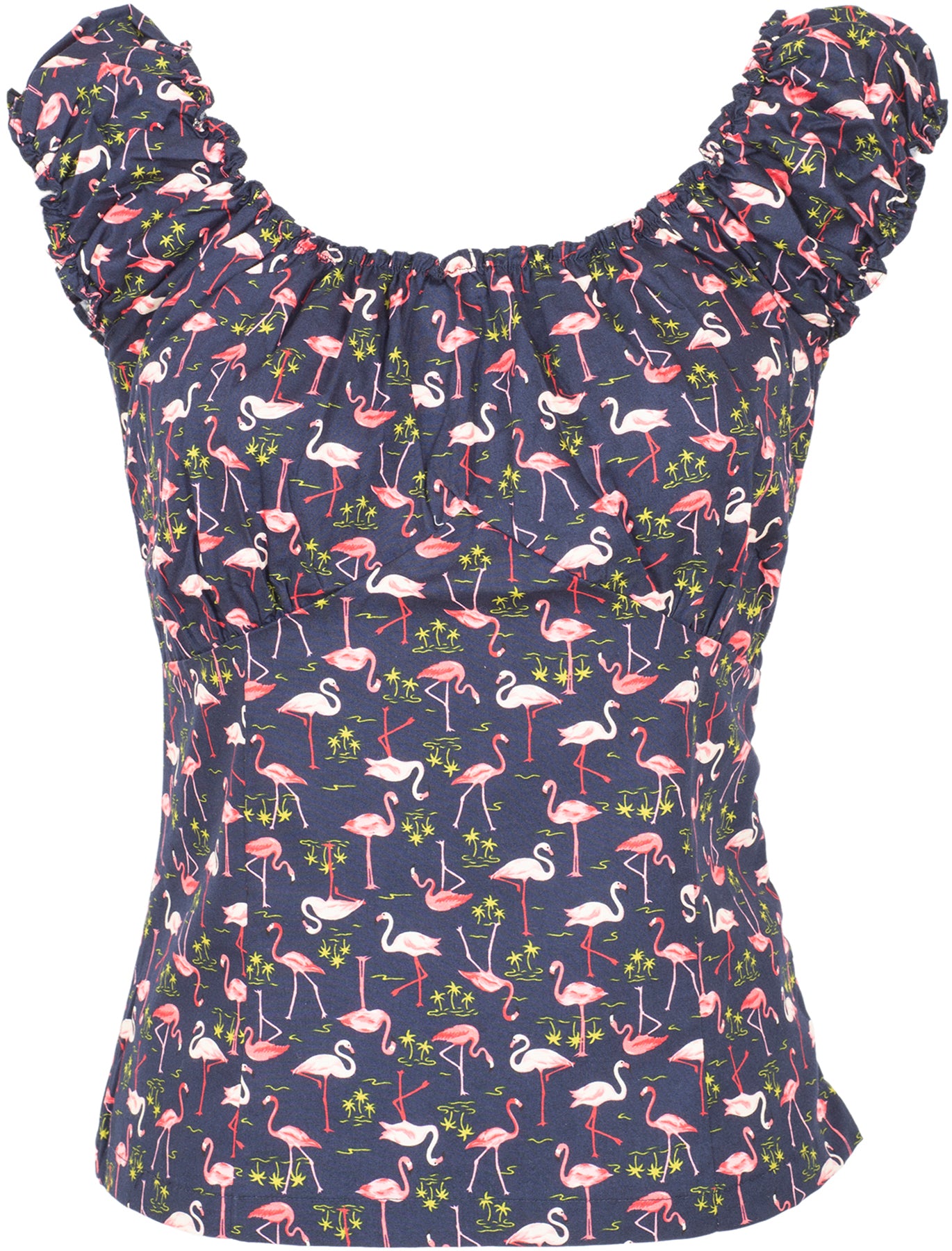 Kuestenluder_KAELLA_Vintage_Tropical_FLAMINGO_Ruffle_Carmen_Oberteil_SHIRT_killer_kirsche