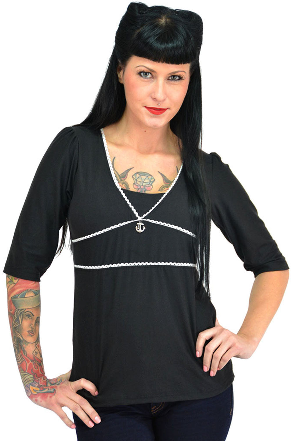 Kuestenluder_LAUREN_Pin_Up_SAILOR_Anchor_V-Neck_SHIRT_-_Schwarz