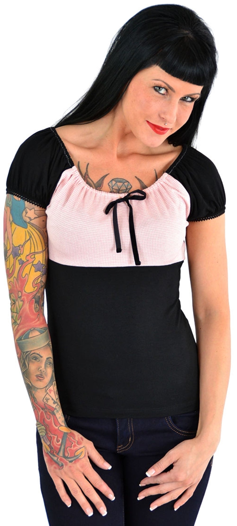 Kuestenluder_LETHA_40s_Dogtooth_VICHY_Bow_SHIRT_rosa