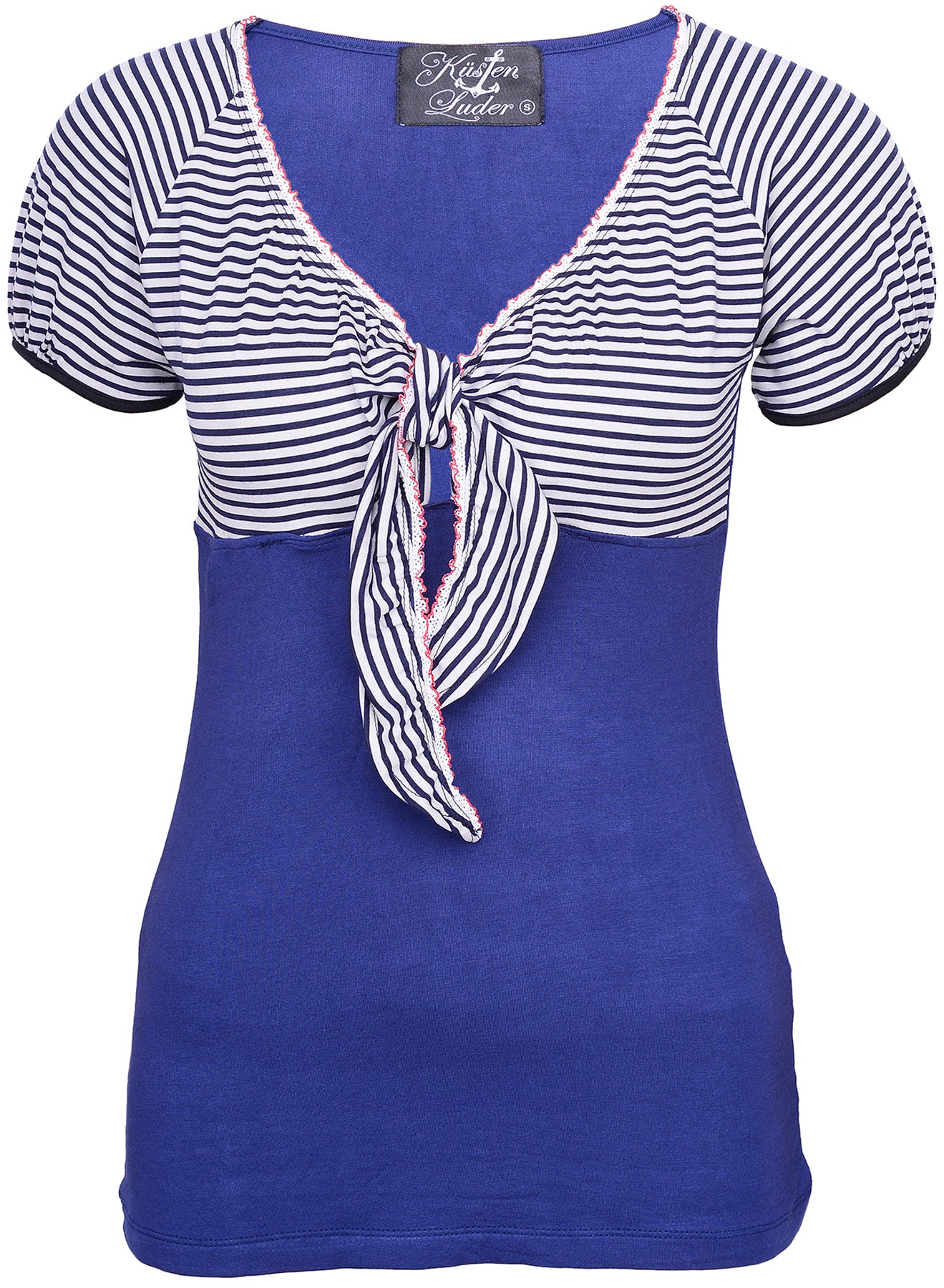 Kuestenluder_LIANNE_Sailor_Bow_Knot_Streifen_V-Neck_Pin_Up_SHIRT_-_Blau_killer_kirsche