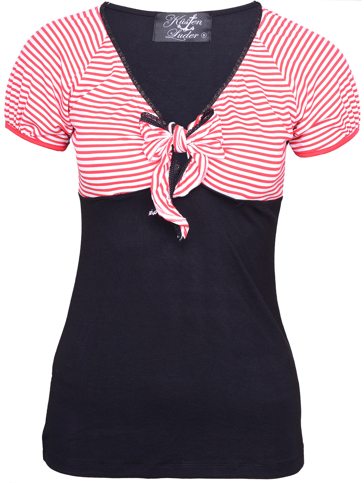 Kuestenluder_LIANNE_Sailor_Bow_Knot_Streifen_V-Neck_Pin_Up_SHIRT_-_Schwarz_Rot