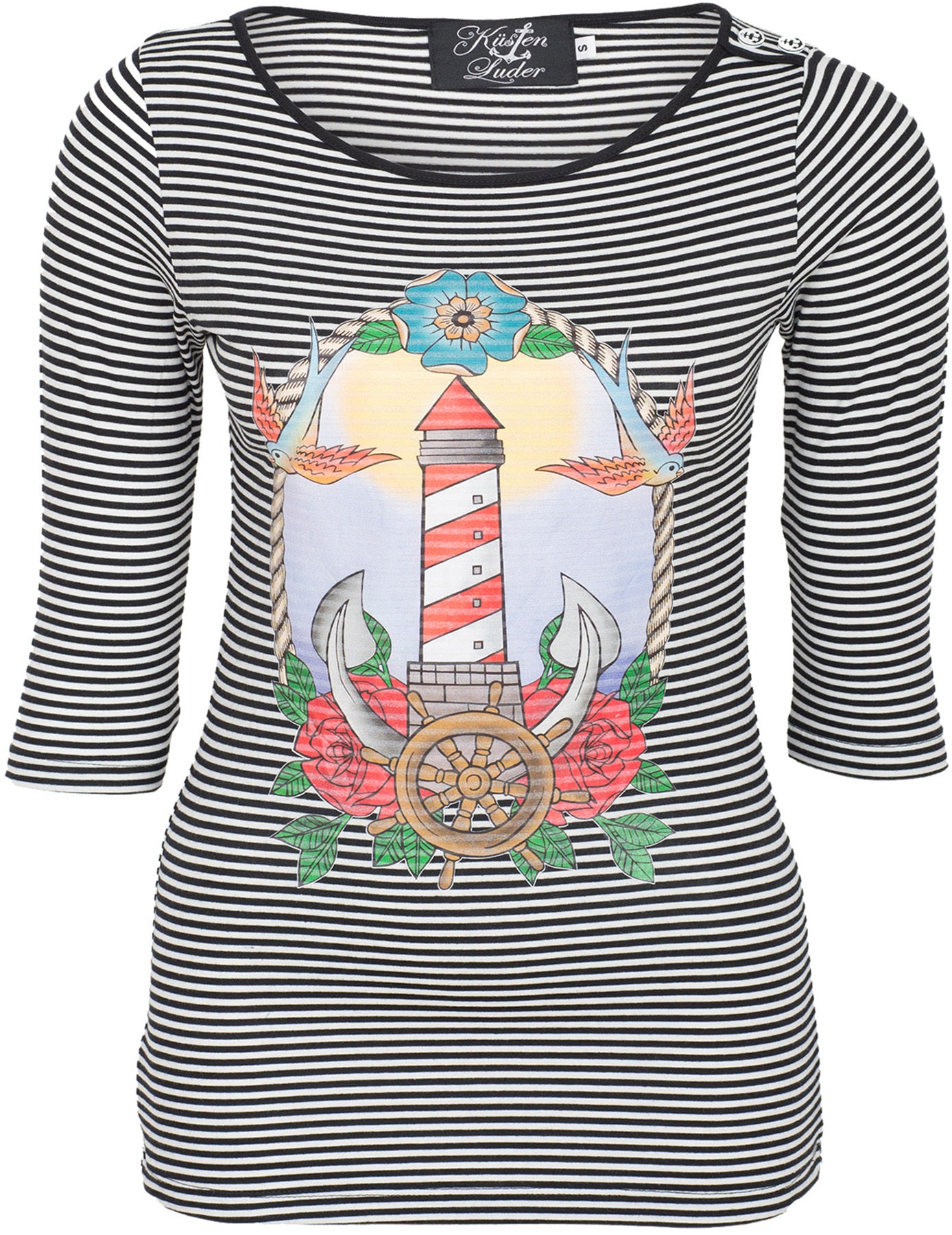 Kuestenluder_LIGHTHOUSE_Leuchtturm_Oldschool_Sailor_Streifen_dreiviertel_Arm_SHIRT_killer_kirsche