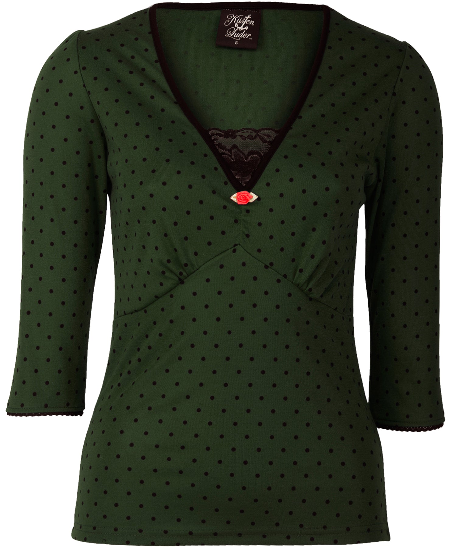 Kuestenluder_Labieba_50s_Polka_Dot_PUNKTE_Lace_dreiviertel_Arm_SHIRT_Oberteil_-_Olivgruen_killer_kirsche