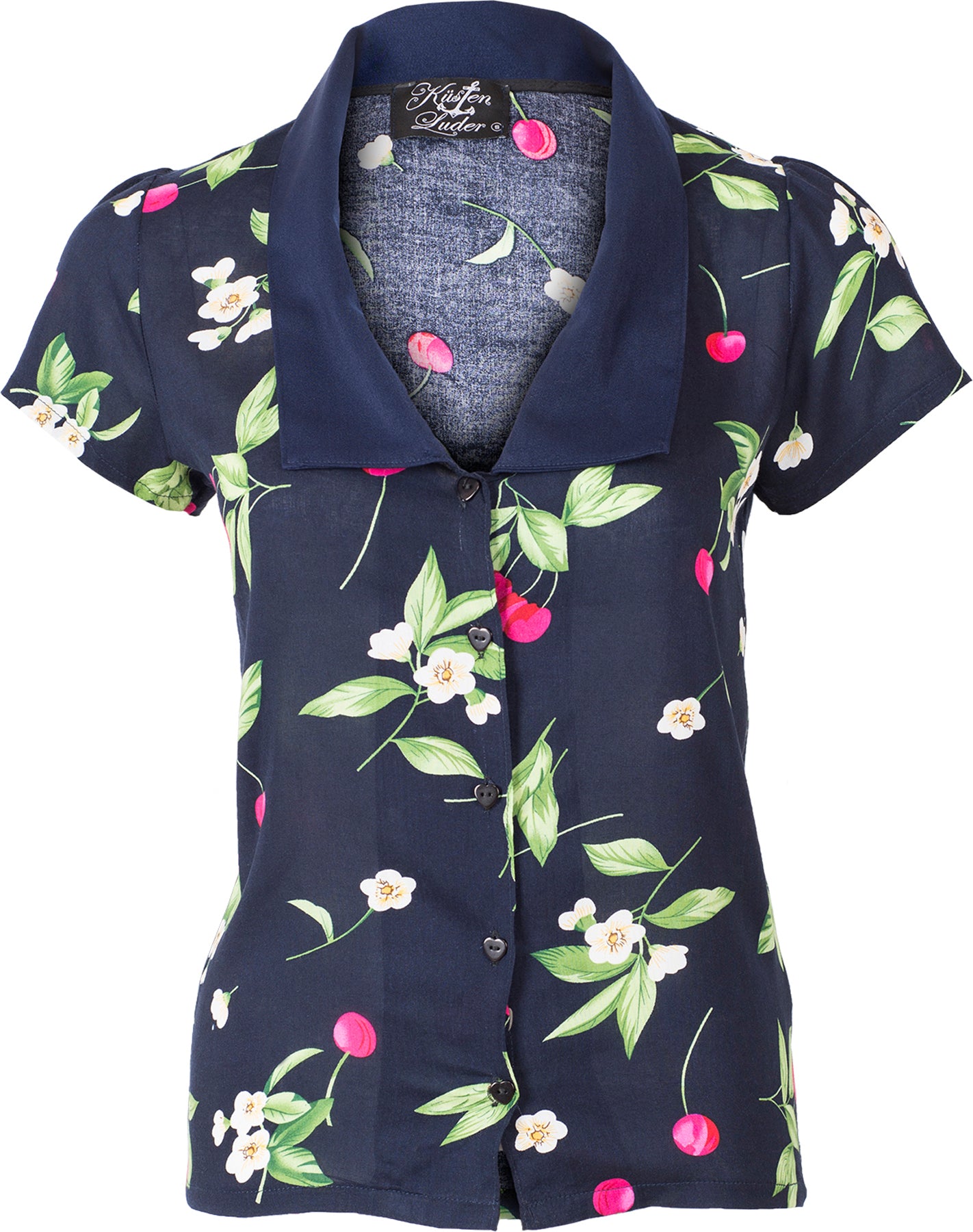 Kuestenluder_MALVINA_Vintage_CHERRY_Kirschen_V-Neck_BLUSE_Blau_killer_kirsche