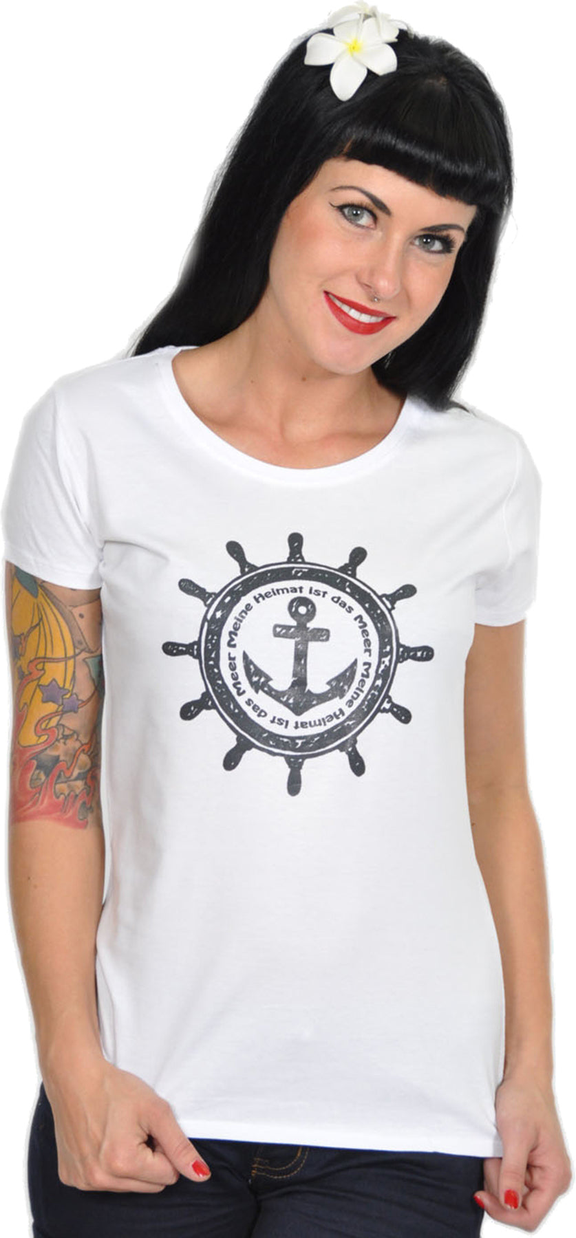 Kuestenluder_MEINE_HEIMAT_IST_DAS_MEER_Sailor_GIRLIE_Motiv_Kurzarm__T-Shirt_-_Weiss_killer_kirsche