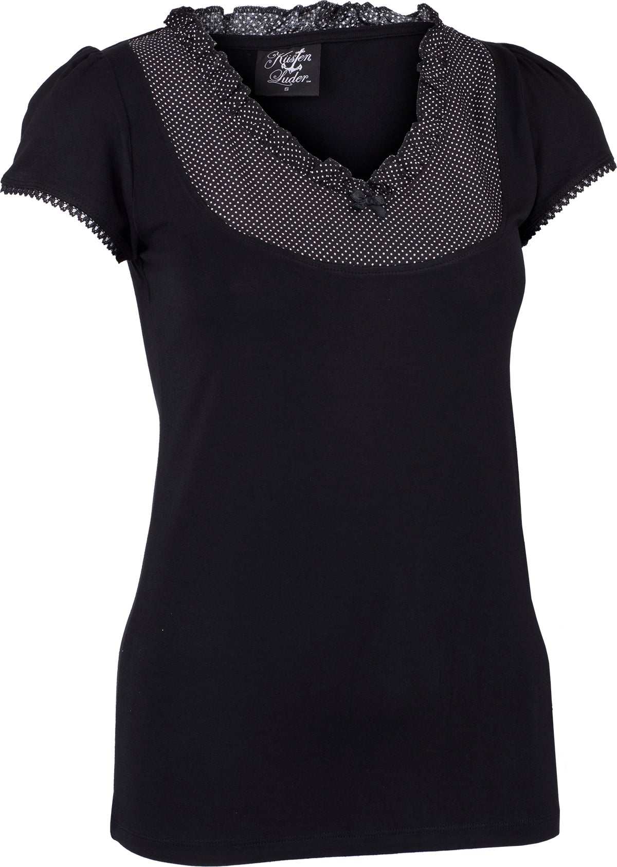 Kuestenluder_NAVIA_Vintage_POLKA_DOT_Ruffle_Bow_Kurzarm_Oberteil_SHIRT-3