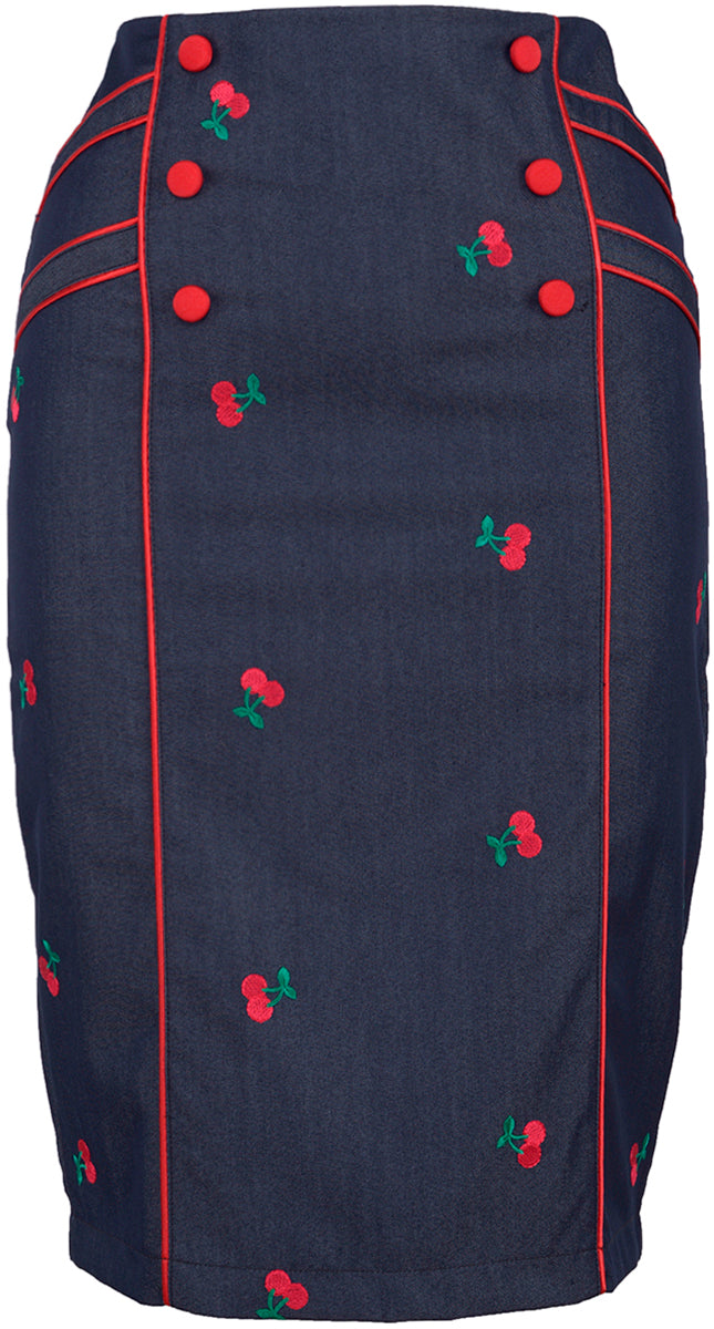 Kuestenluder_NILDA_50s_Pin_up_CHERRY_Kirschen_Jeans_Denim_Pencil_Skirt_ROCK