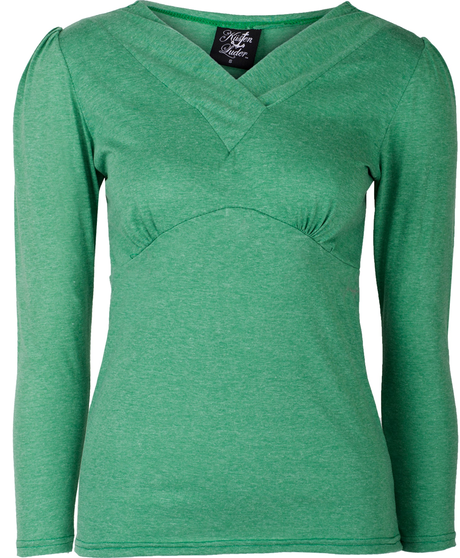 Kuestenluder_OANAE_50s_Basic_V-NECK_Langarm_SHIRT_Oberteil_-_Gruenmeliert_killer_kirsche