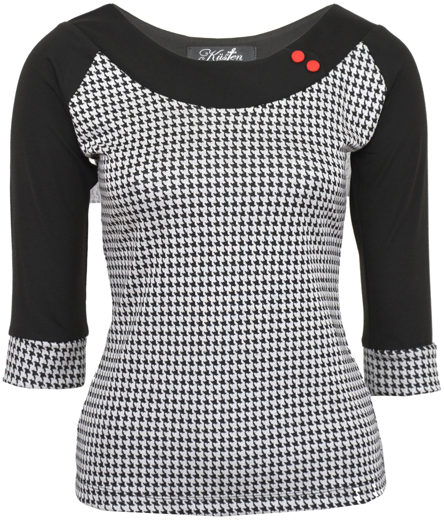 Kuestenluder_RANDA_Hahnentritt_DOGOOTH_Vintage_dreiviertel4_Arm_SHIRT_killer_kirsche