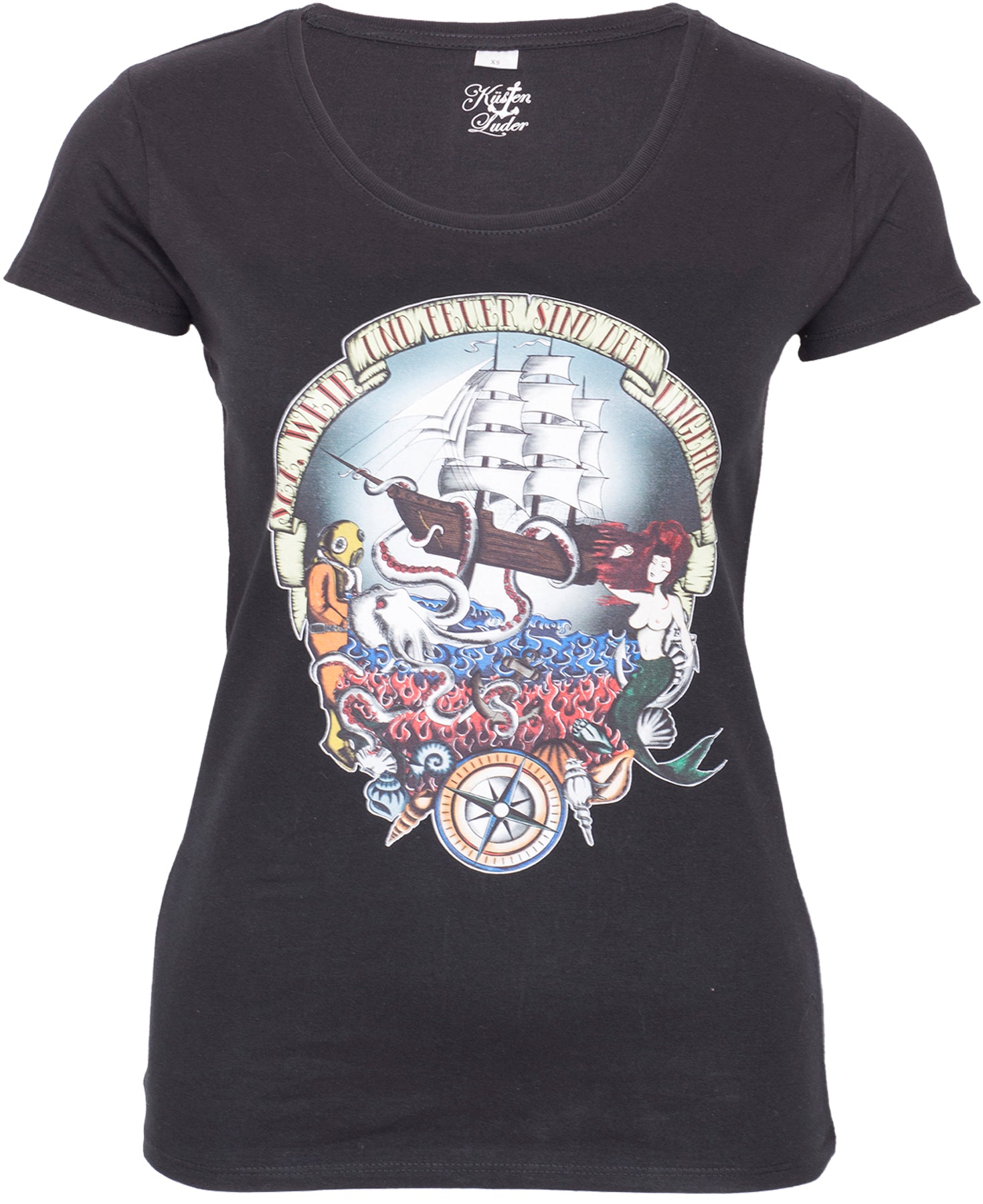 Kuestenluder_SEE_WEIB_UND_FEUER_Sailor_Ship_Mermaid_SHIRT_-_Schwarz_killer_kirsche