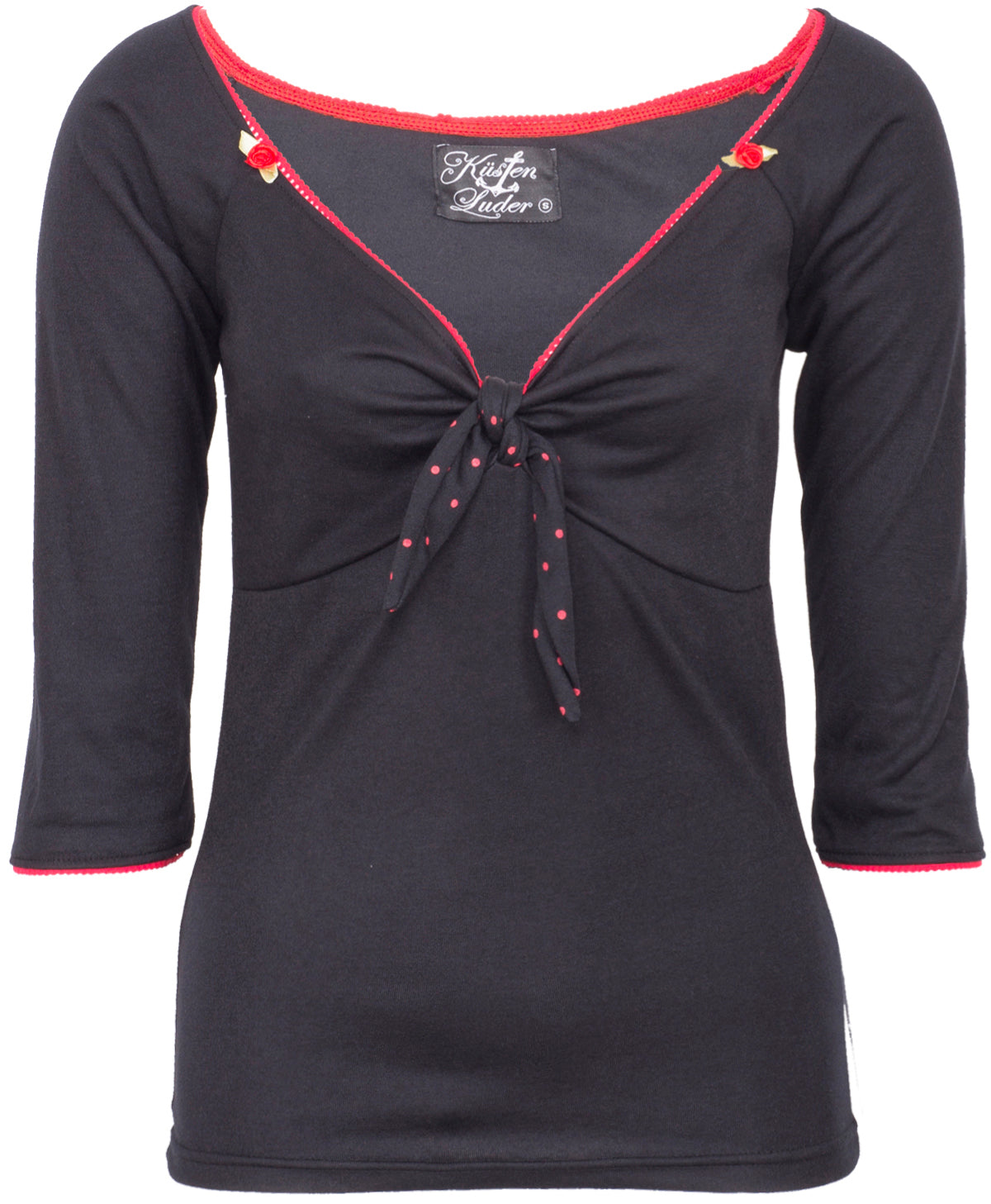 Kuestenluder_SHAREN_V-Neck_Polka_Dots_Knot_Pin_Up_Rose_Vintage_SHIRT