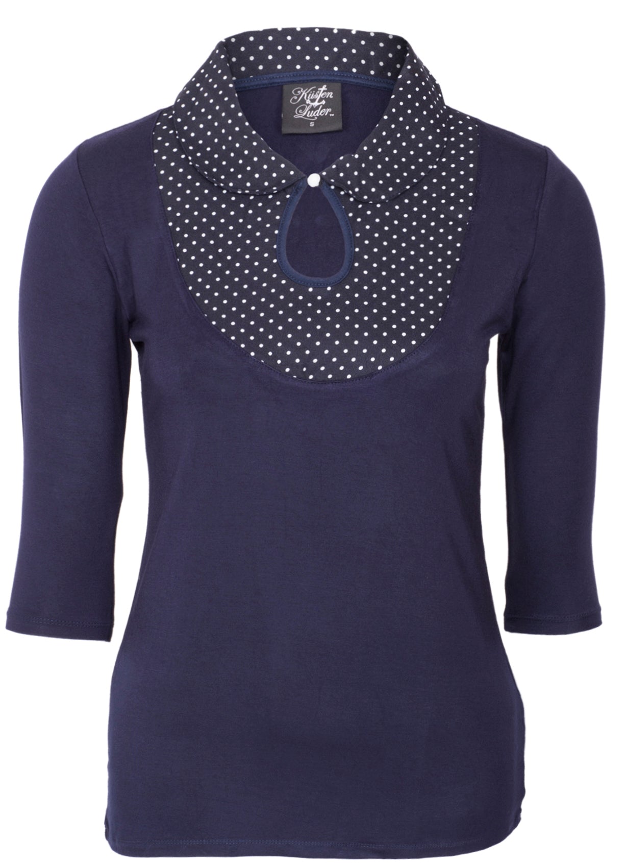 Kuestenluder_SHERON_50s_Punkte_POLKA_DOTS_Bubikragen_SHIRT_Oberteil_blau