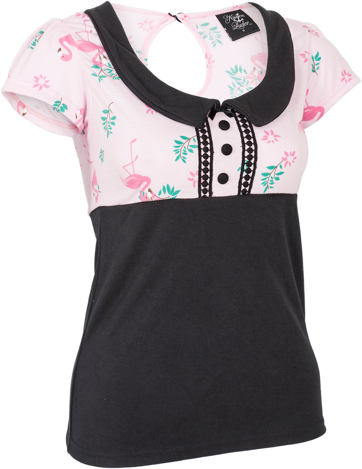 Kuestenluder_SINIJA_Vintage_Tropical_FLAMINGO_Flower_Kragen_Kurzarm_SHIRT-2