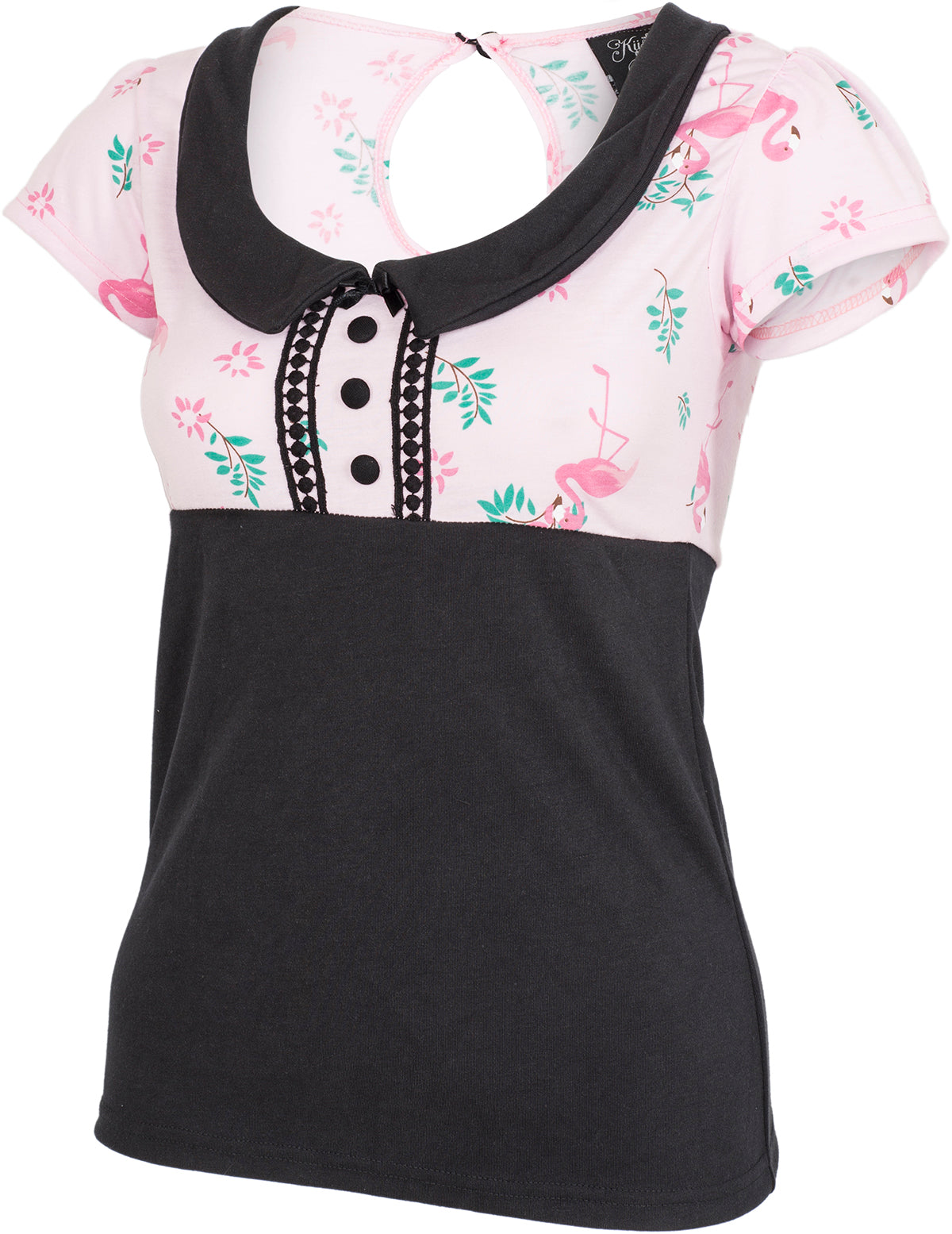 Kuestenluder_SINIJA_Vintage_Tropical_FLAMINGO_Flower_Kragen_Kurzarm_SHIRT-3