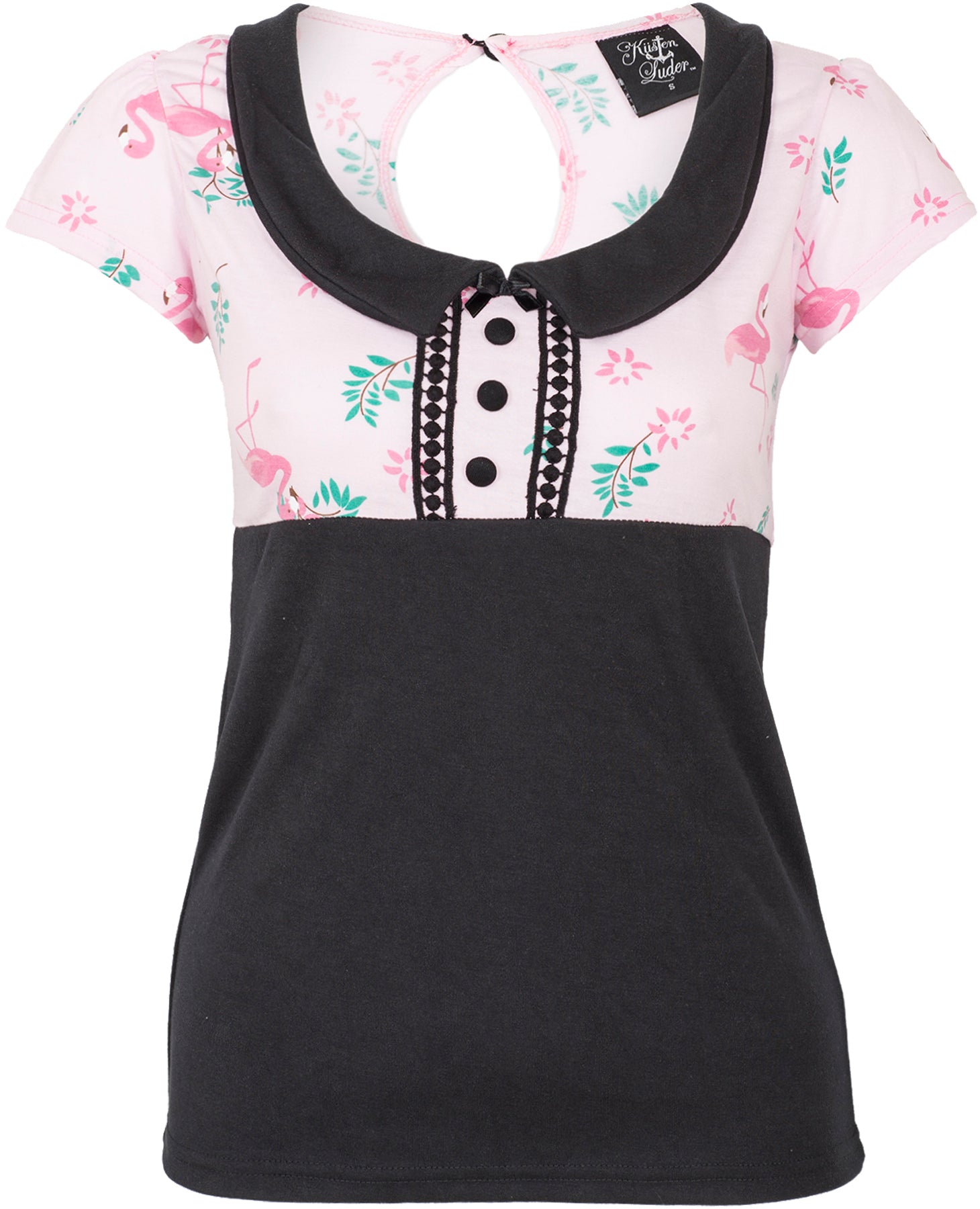 Kuestenluder_SINIJA_Vintage_Tropical_FLAMINGO_Flower_Kragen_Kurzarm_SHIRT_killer_kirsche