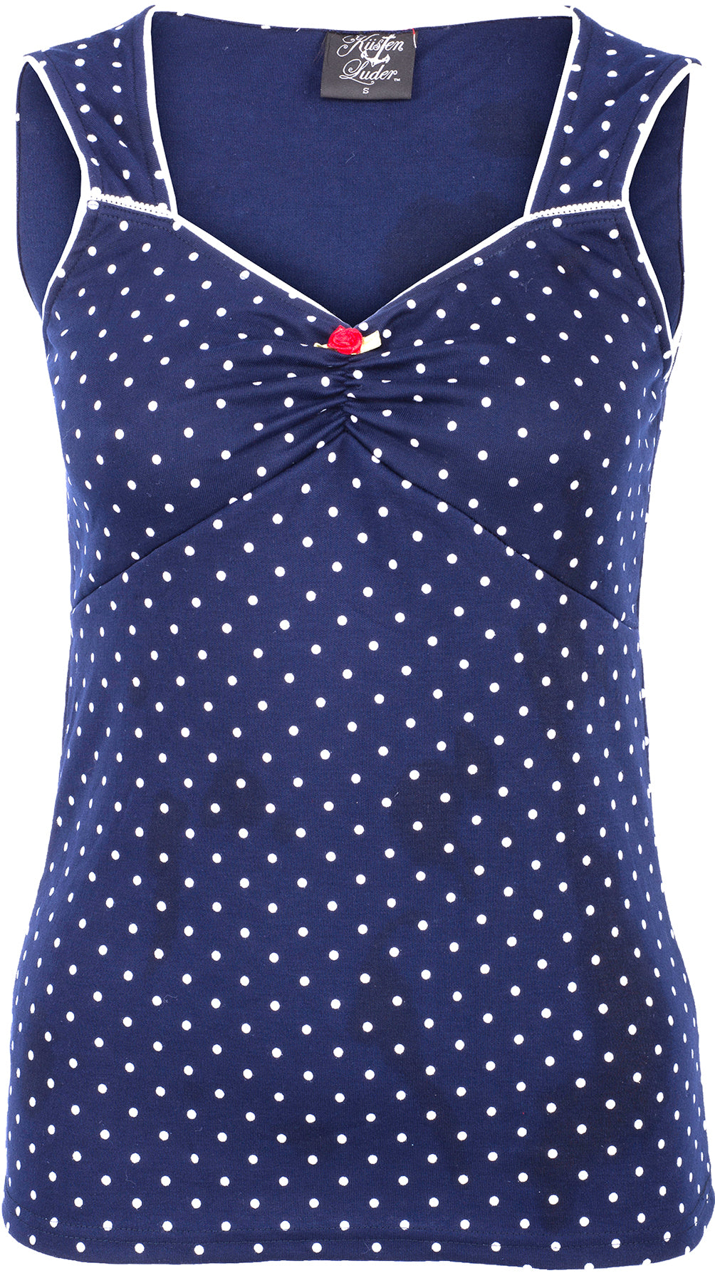 Kuestenluder_SOLEYA_POLKA_DOT_Punkte_Rose_TOP_Retro_Oberteil_Blau-Weiss_killer_kirsche