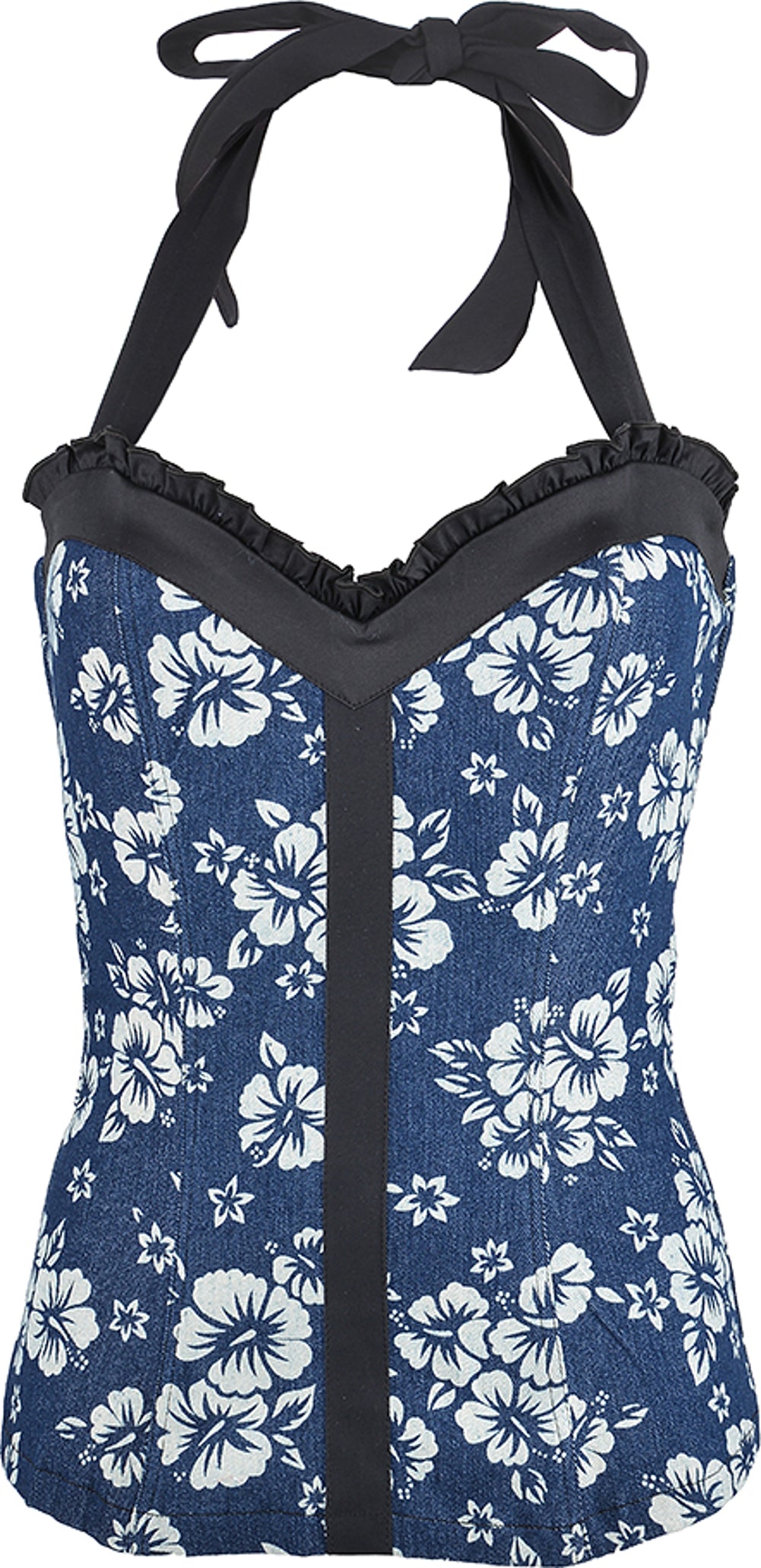 Kuestenluder_SUSAN_Vintage_HIBISCUS_Jeans_Ruffle_Pin_Up_50s_TOP
