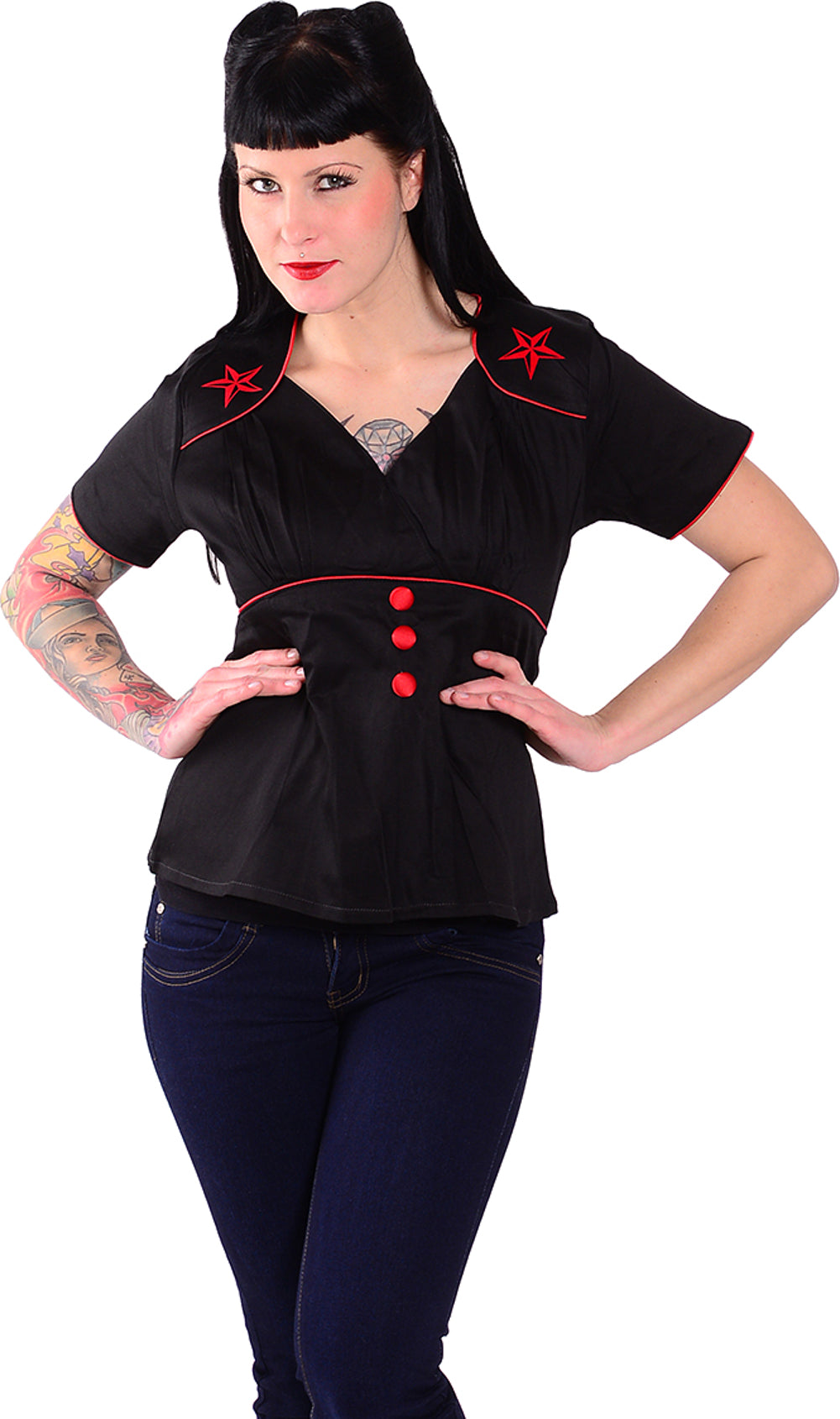 Kuestenluder_TANYA_Rodeo_Nautic_Star_2-Tone_Pin_Up_BLUSE_-_Rot_schwarz