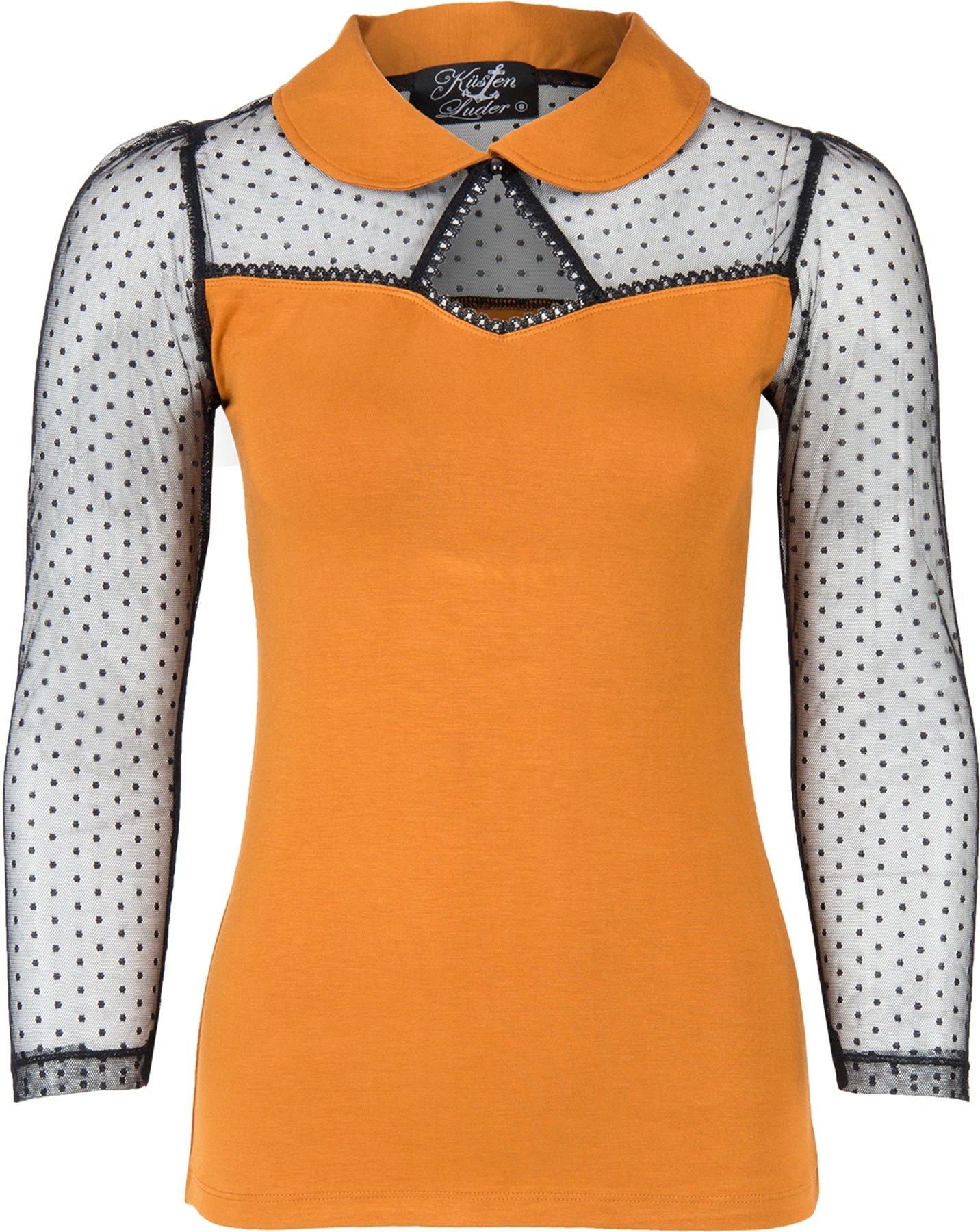 Kuestenluder_THELA_LACE_DOT_Punkte_LACE_Mesh_Bubikragen_SHIRT_Oberteil_Senfgelb_killer_kirsche