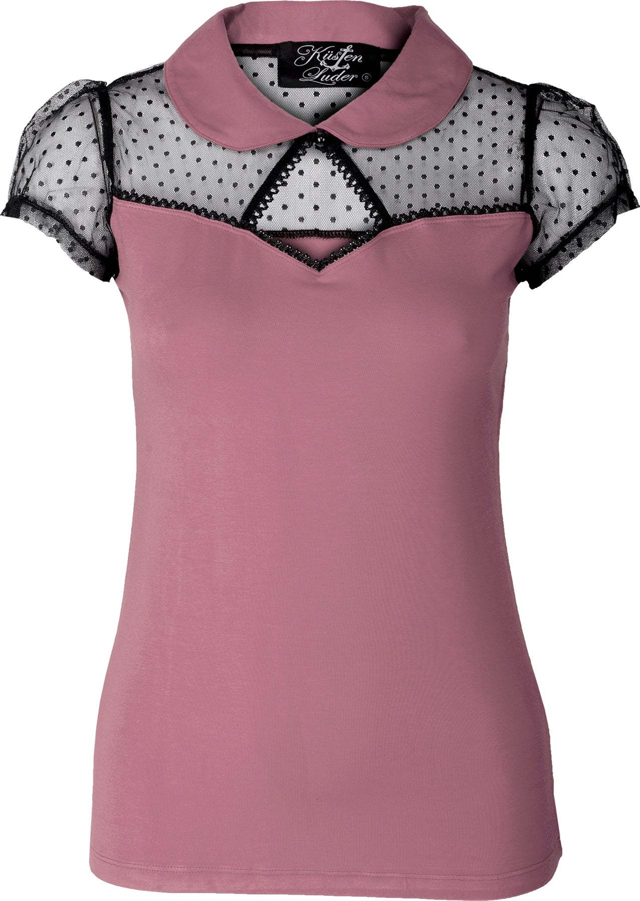 Kuestenluder_THELA_Polka_Dot_LACE_Mesh_Bubikragen_Kurzarm_SHIRT_Altrosa_killer_kirsche
