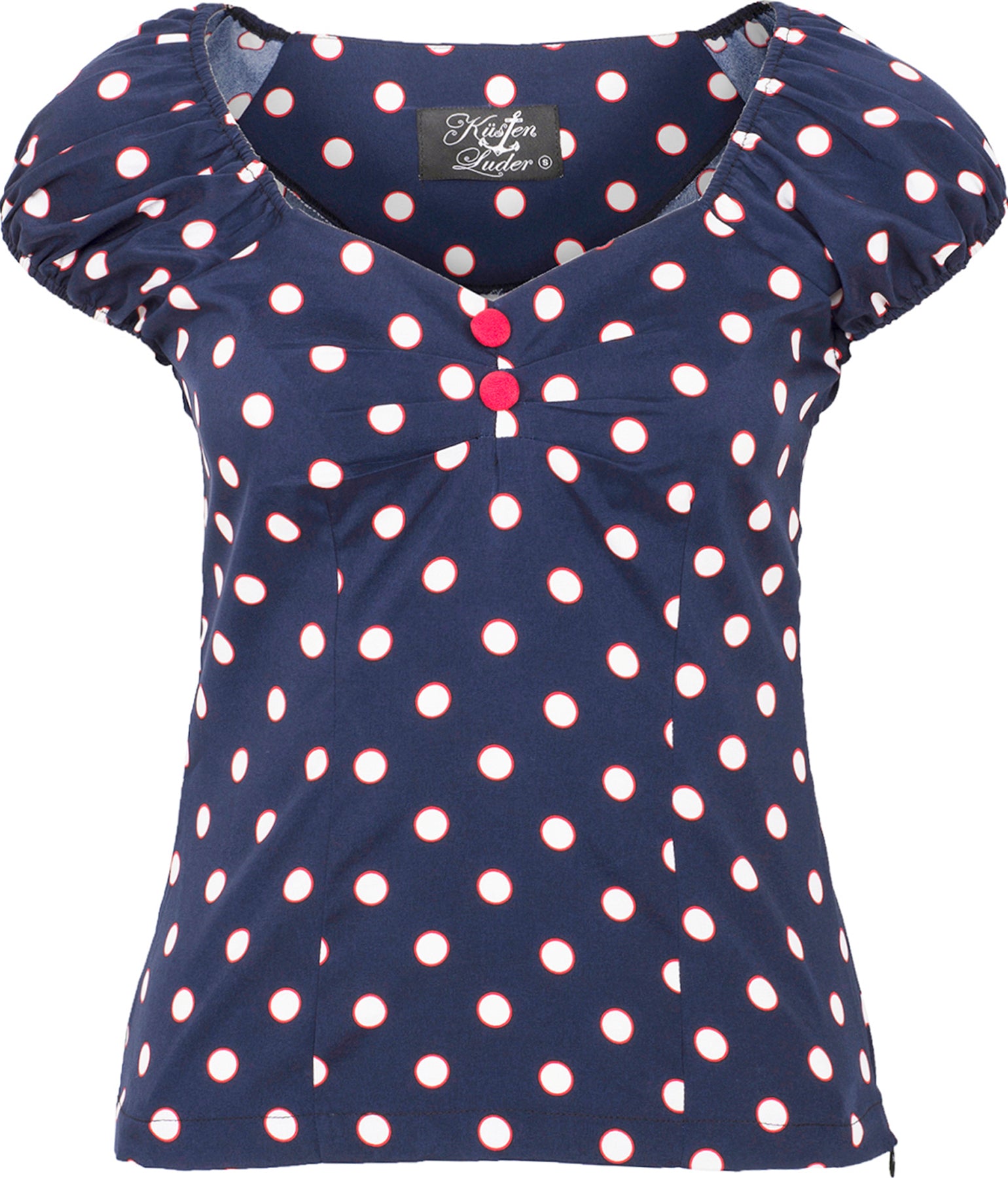 Kuestenluder_WYNONA_Vintage_POLKA_DOT_Punkte_Oberteil_BLUSENSHIRT_Blau_killer_kirsche