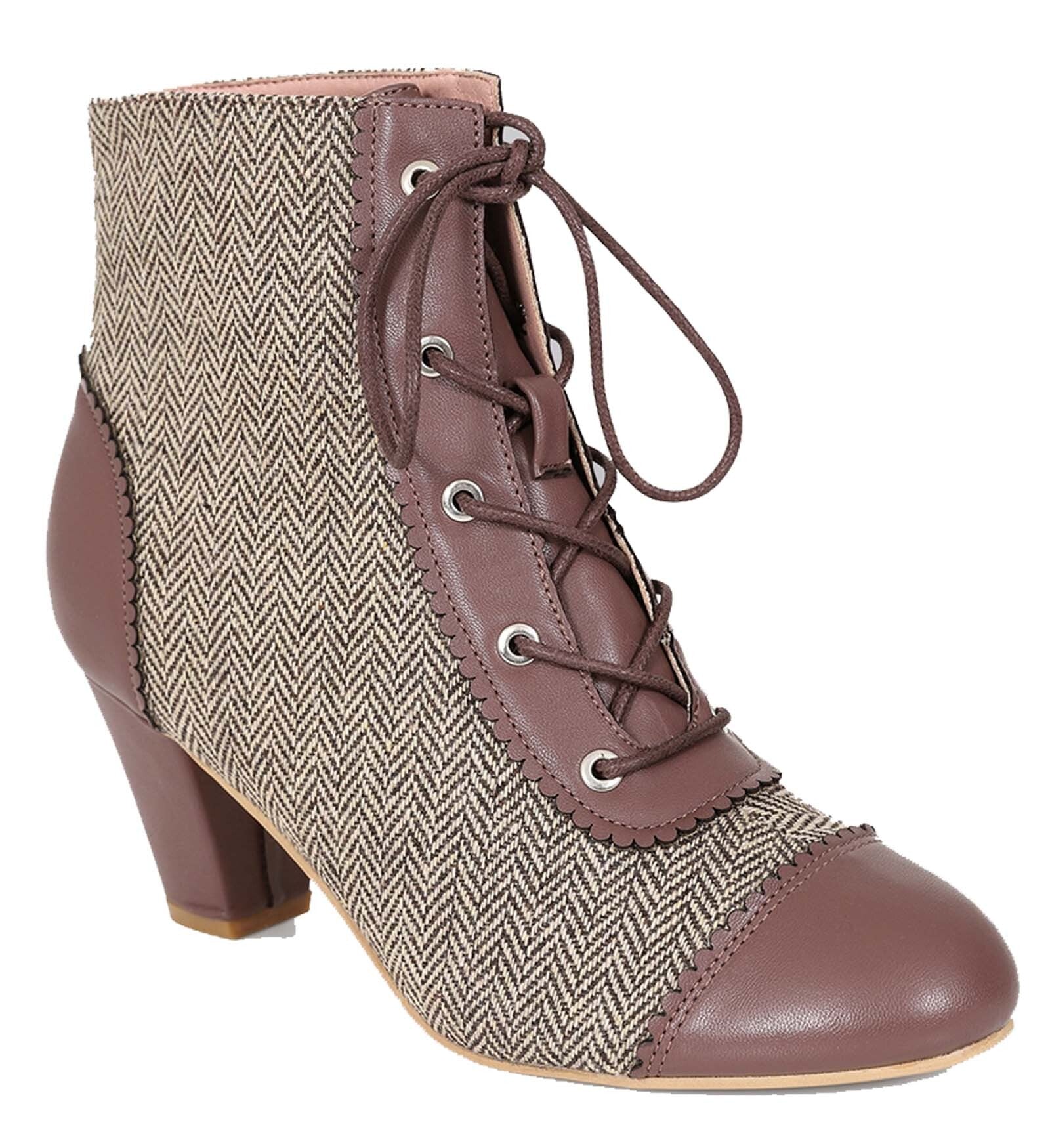 Lulu_Hun_SELMA_HERRINGBONE_Vintage_5Eye_Fischgrtemuster_SCHNRSTIEFEL_Ankle_Boots__Braun-4