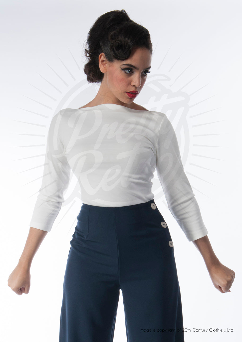 Pretty_Retro_BARDOT_Vintage_BASIC_Uni_3_4_Arm_BOAT_NECK_Top_SHIRT_Oberteil_Weiss_killer_kirsche