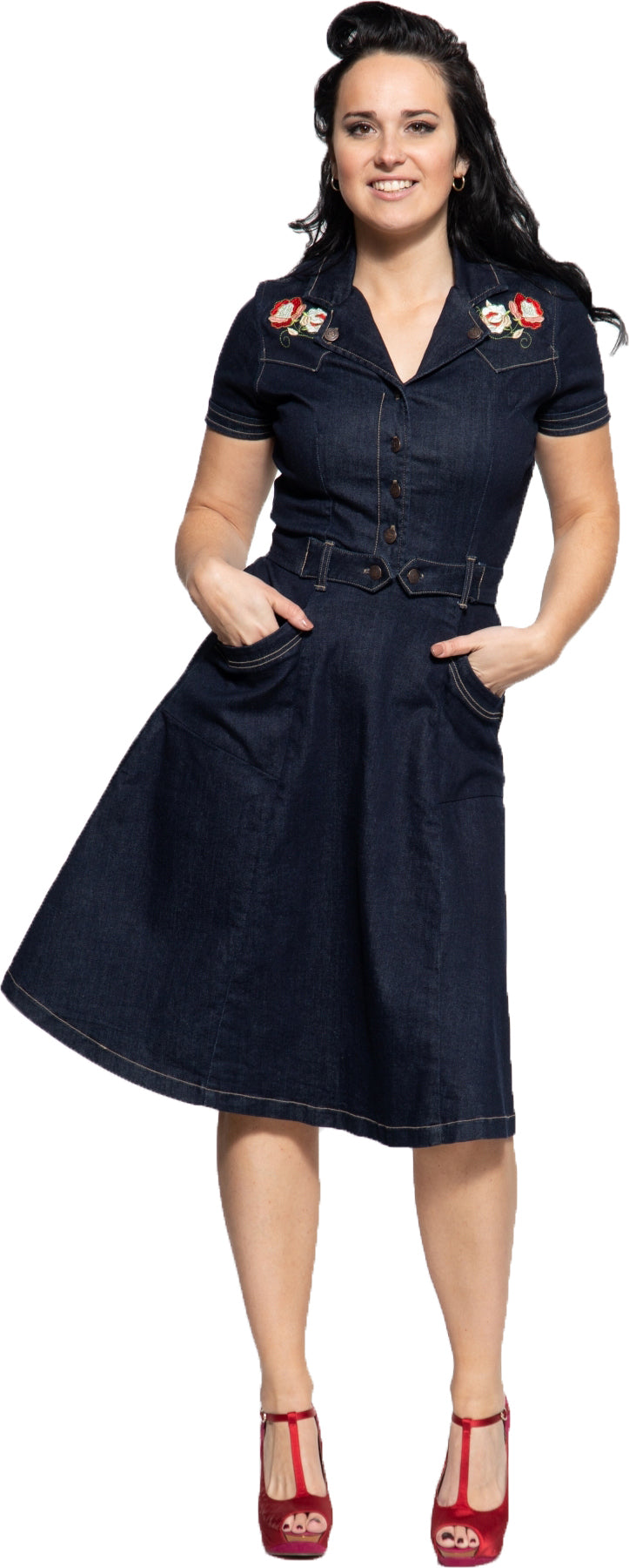 Queen_Kerosin_50s_FLORAL_EMBROIDERY_Kurzarm_DENIM_Jeans_SWING_DRESS_Hemdkleid_Killer_Kirsche-3