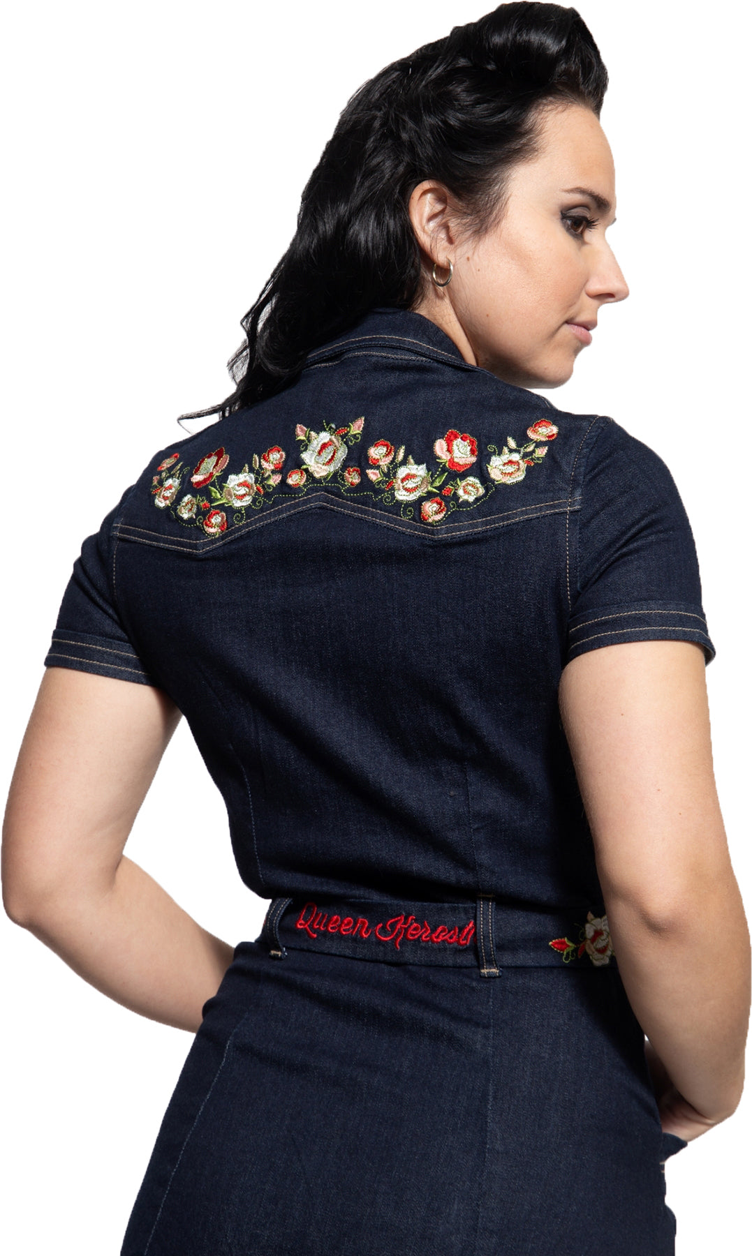 Queen_Kerosin_50s_FLORAL_EMBROIDERY_Kurzarm_DENIM_Jeans_SWING_DRESS_Hemdkleid_Killer_Kirsche-4