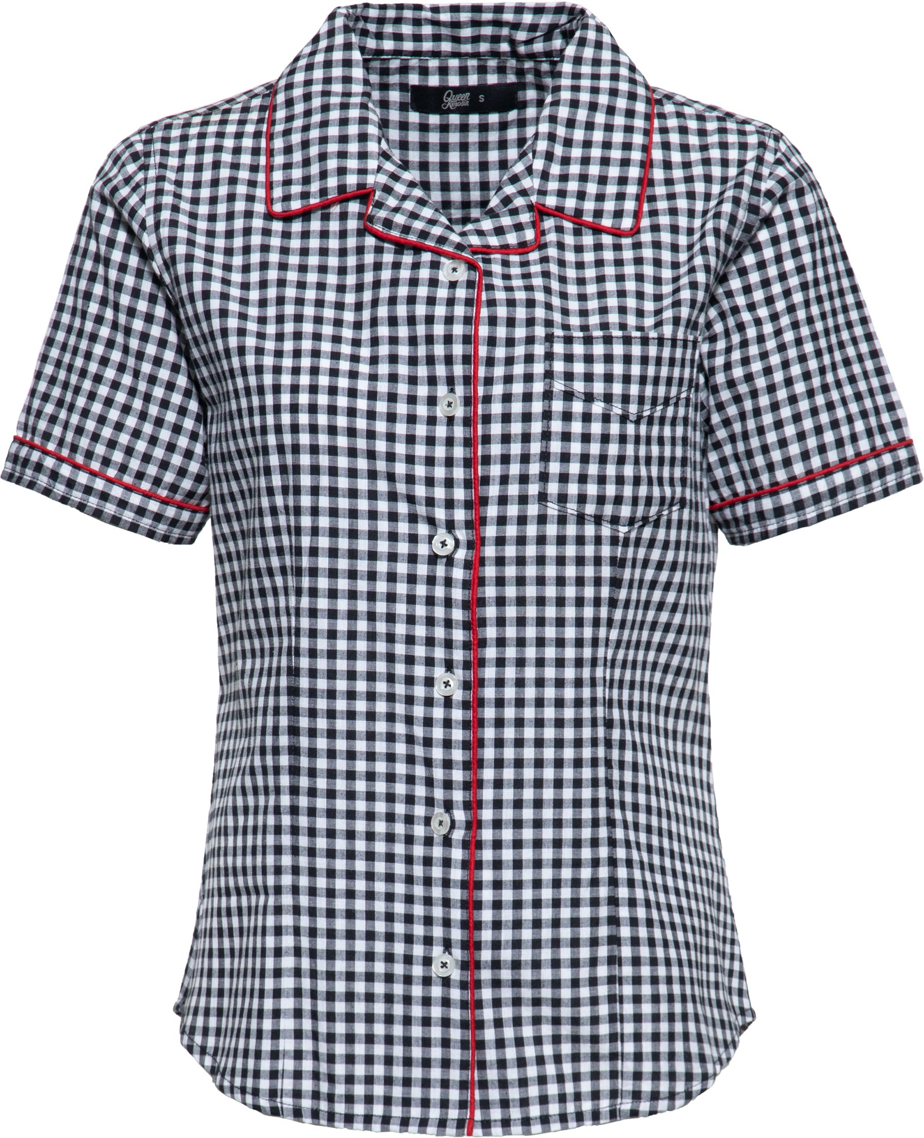 Queen_Kerosin_GINGHAM_CHECK_Retro_KURZARM_Vichy_Karo_50s_BLOUSE_Hemdbluse_Killer_Kirsche-1