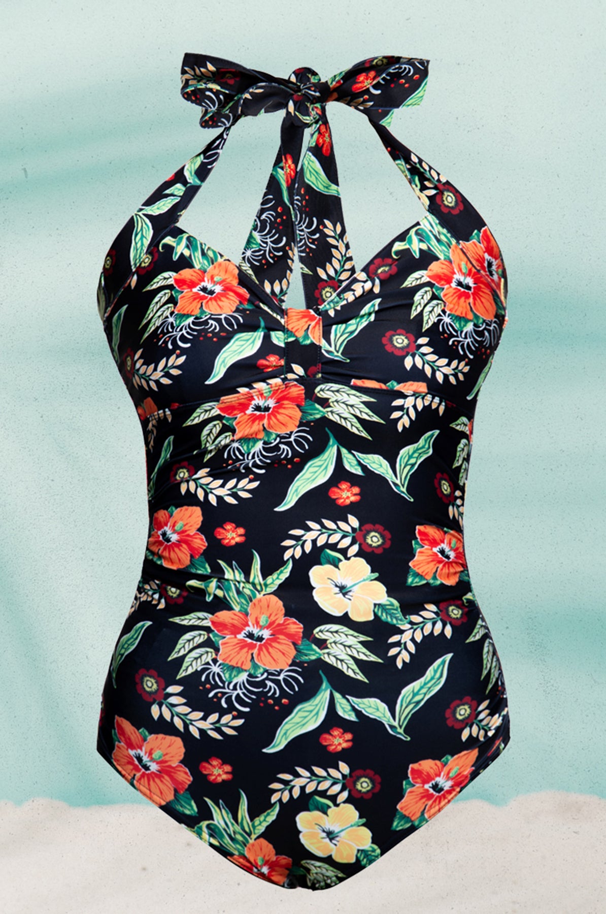 Queen_Kerosin_HIBISKUS_Fifties_FLOWERS_Blumen_Neckholder_BADEANZUG_-_Schwarz_killer_kirsche_1