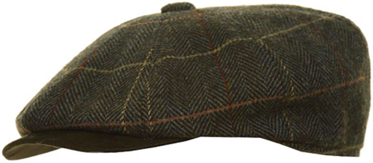 Retro_8-PANEL_Herringbone_TWEED_Fischgraeten_NEWSBOY_HAT_Muetze_Oliv-1