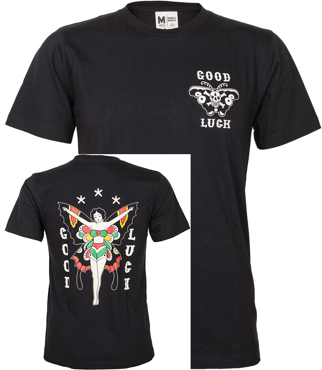 Retro_GOOD_LUCK_Butterfly_Lady_Skull_Oldschool_HERREN_Motiv_T-Shirt_Oberteil-5
