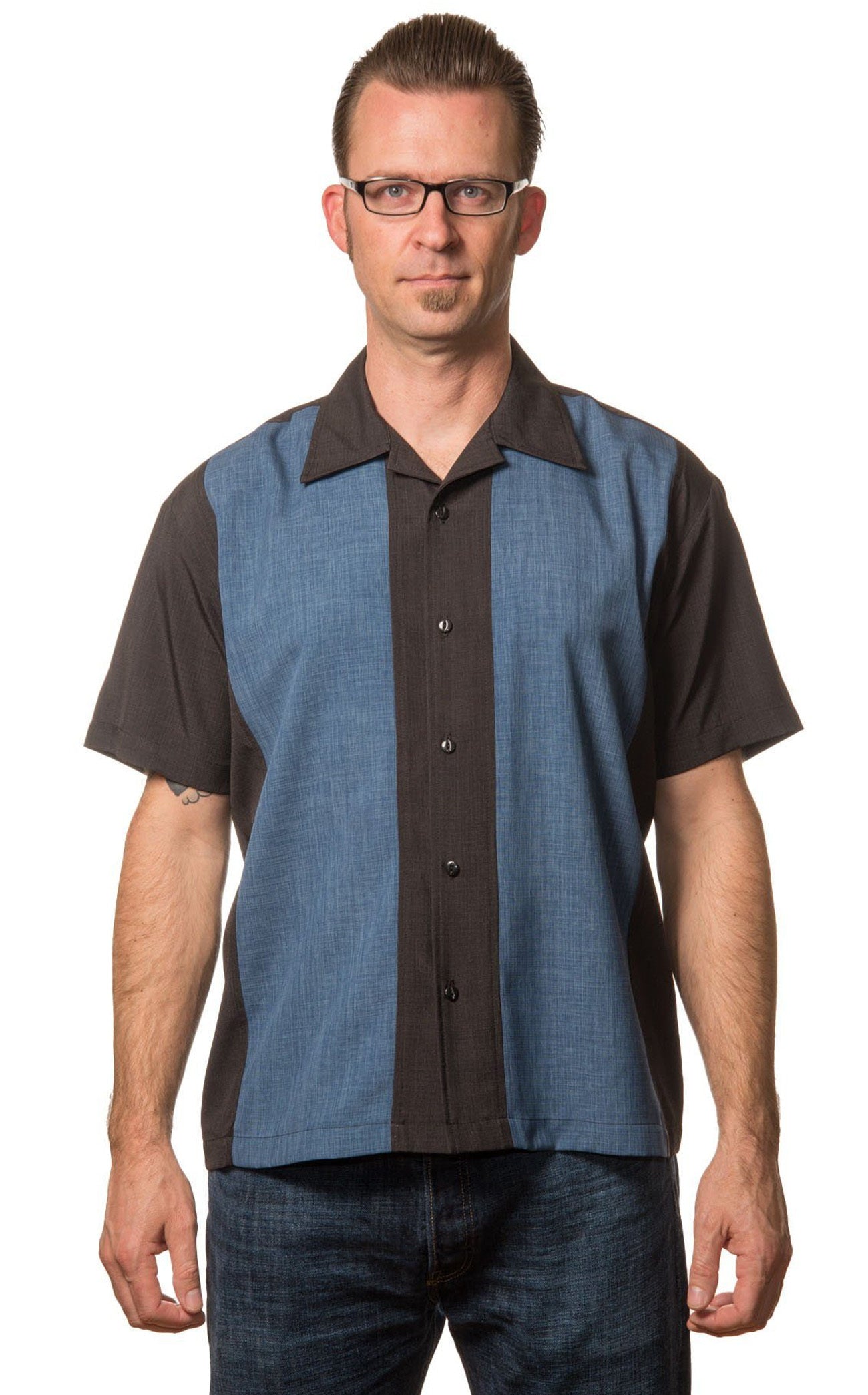 Rock_Steady_POPCHECK_DOUBLE_PANEL_Retro_Button_Up_Kurzarm_Vintage_BOWLINGHEMD_Shirt_-_Schwarz-2