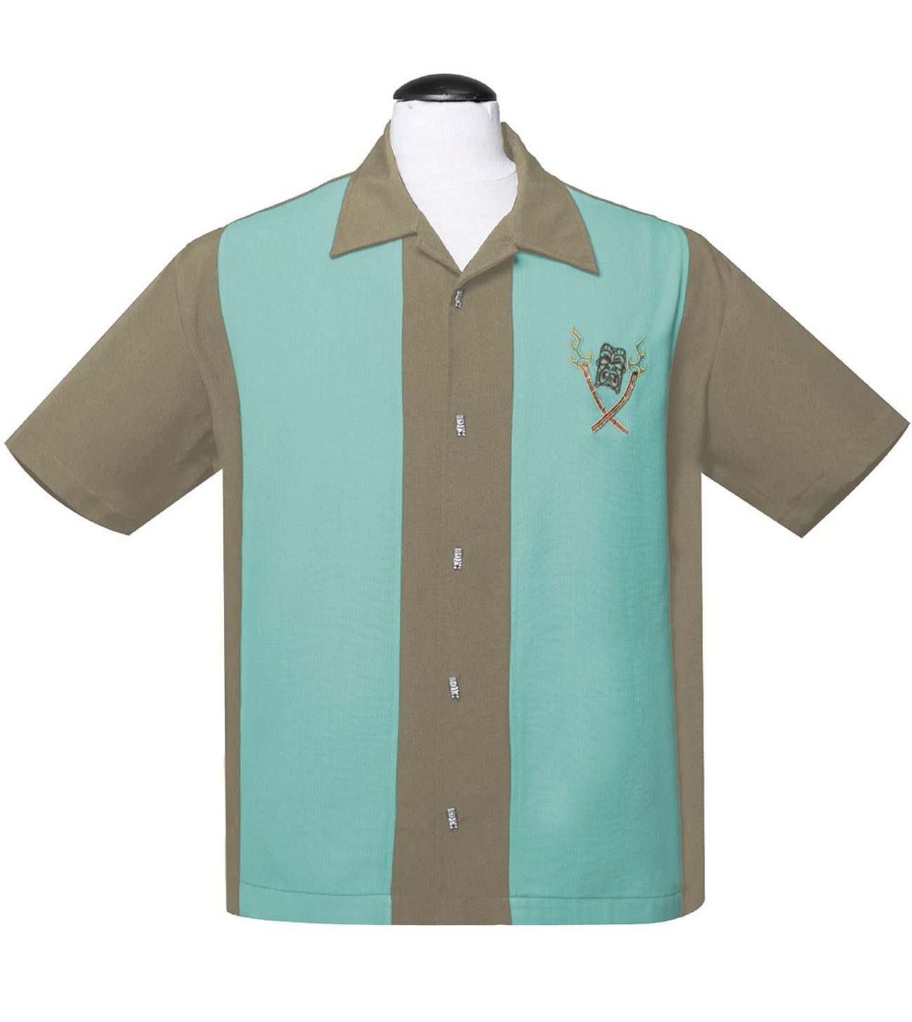 Rock_Steady_TROPICAL_ITCH_Retro_Atomic_Tiki_Flames_Kurzarm_Vintage_BOWLINGHEMD__Shirt_-_Oliv-1