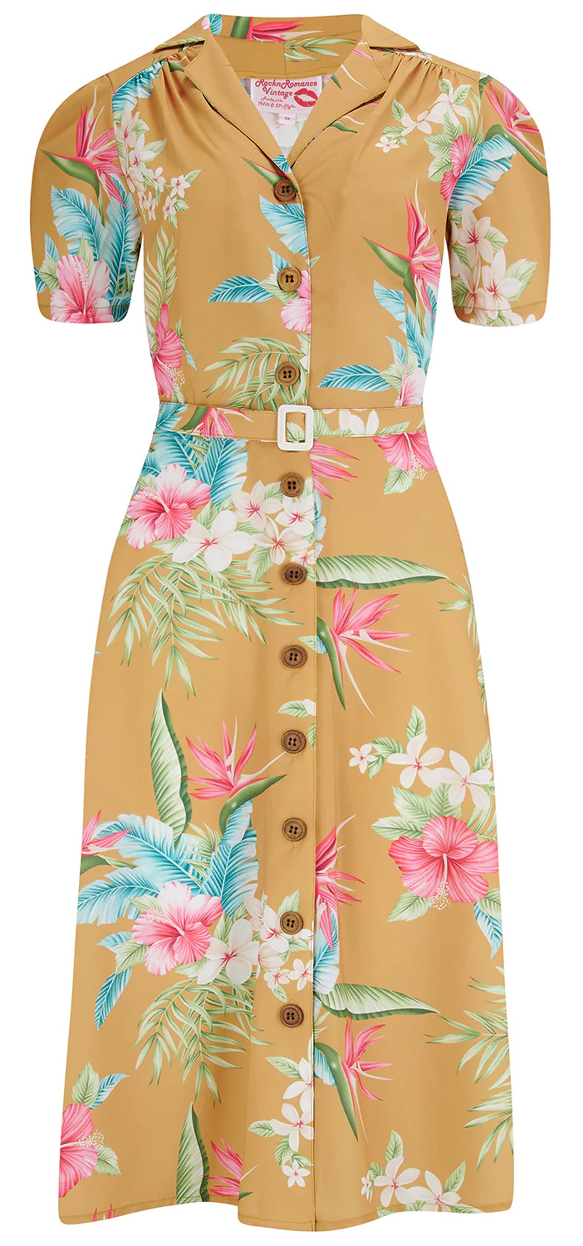 RocknRomance_CHARLENE_HONOLULU_Print_HIBISKUS_A-Linie_50s_Dress_KLEID_Mustard-1