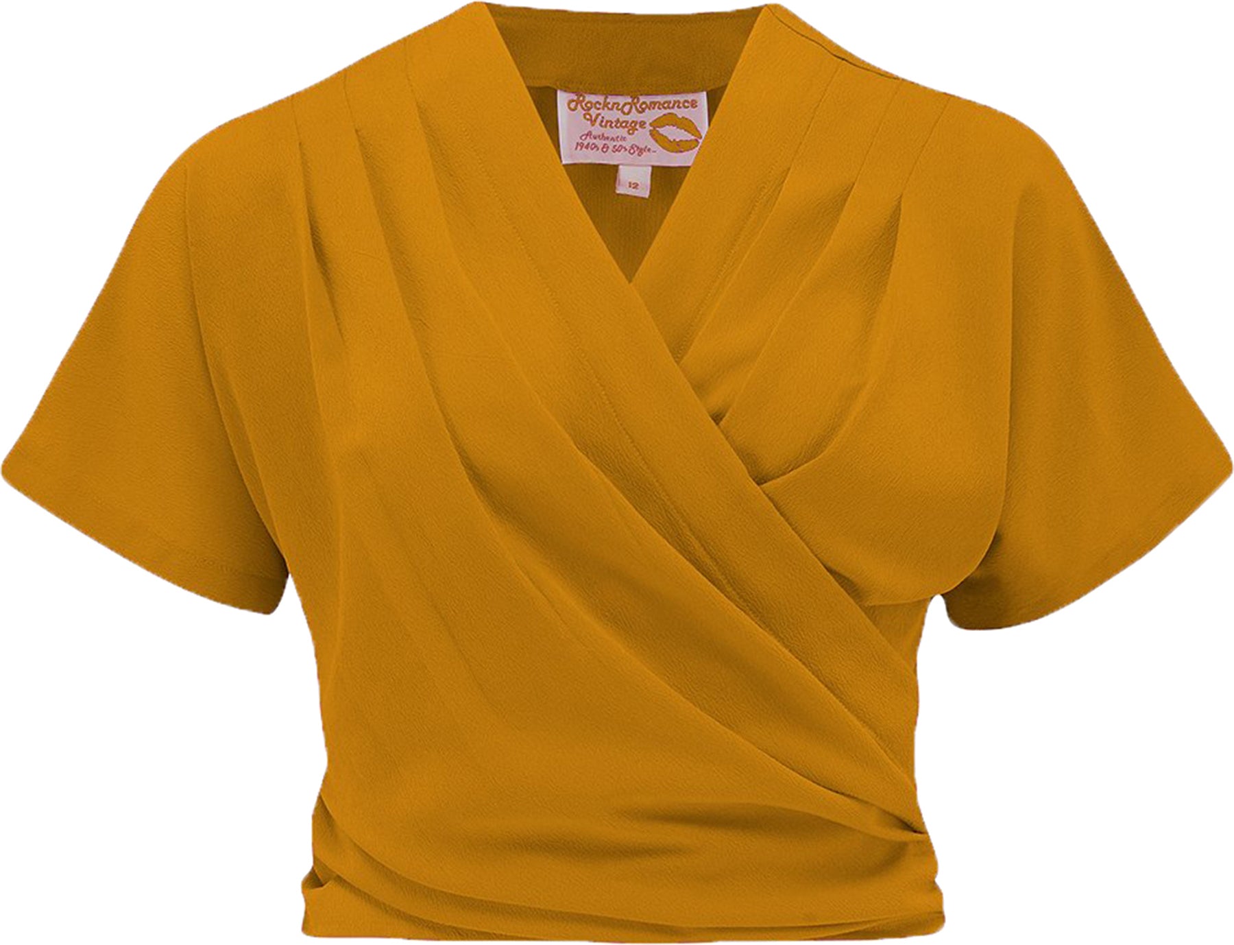 RocknRomance_DARLA_Vintage_PLAIN_Kurzarm_V-Neck_WRAP_Oberteil_BLUSE_Senfgelb_killer_kische