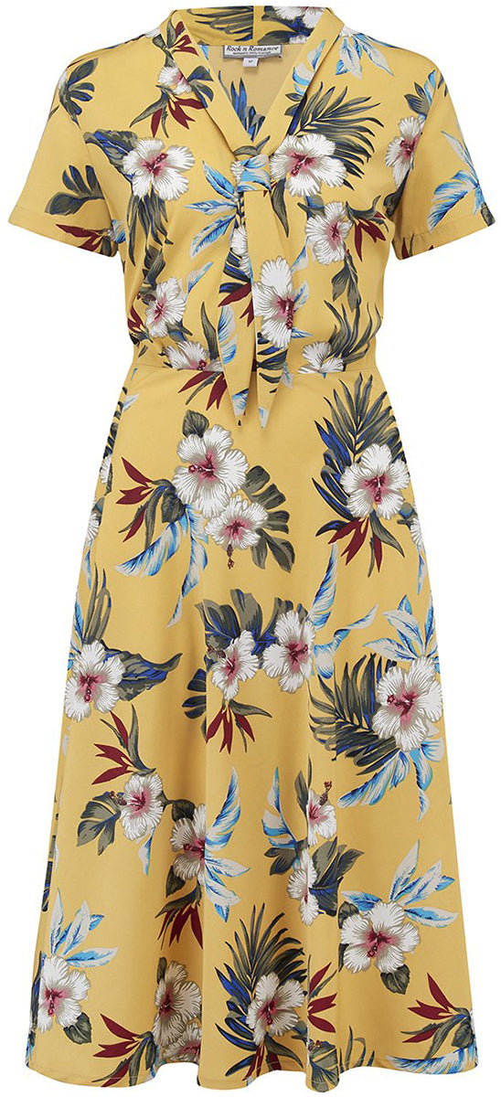RocknRomance_JEAN_Hawaiian_HIBISKUS_Kurzarm_Tea_Dress_KLEID_Gelb-1