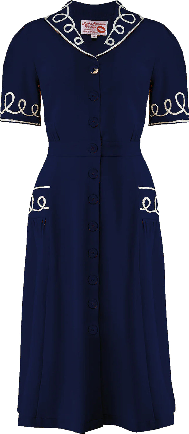 RocknRomance_LOOPY-LOU_Vintage__Kurzarm_Shirtwaister_50s_Contrast_RicRac_KLEID_Dress_Navy_killer_kirsche_1
